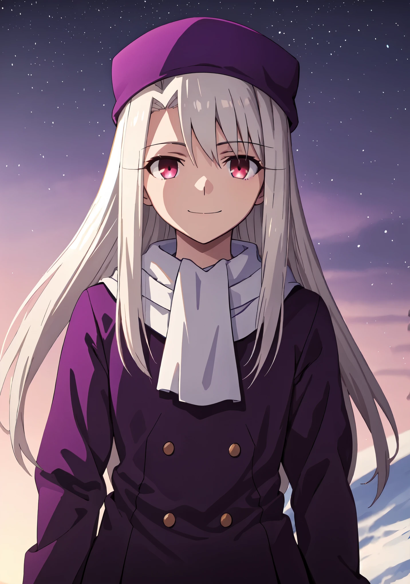 best quality, masterpiece, highres, solo, (illyasviel_von_einzbern_fatestaynightufotable:1.10), 1girl, papakha, night, dark sky, northern lights, aurora borealis, white scarf, purple headwear, purple coat, anime coloring, closed mouth, looking at viewer, smile, outdoors, upper body, anime_style, 3