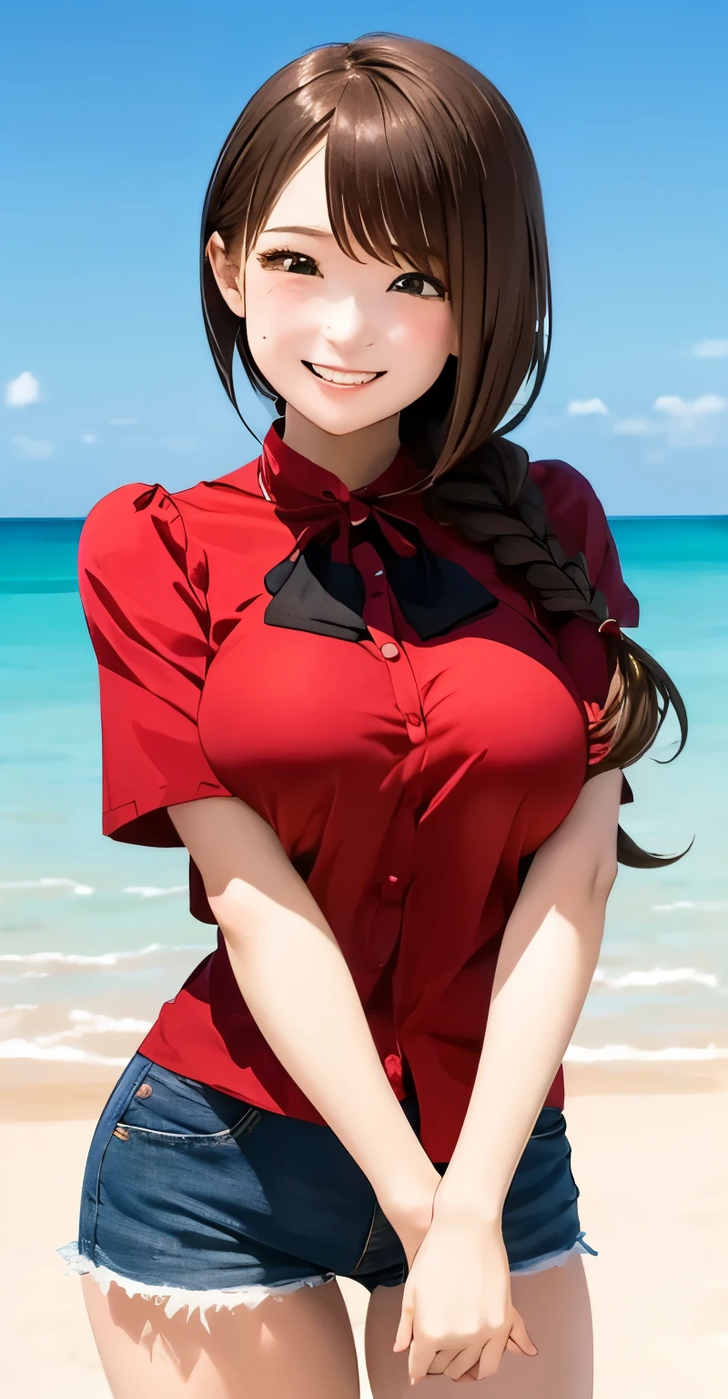 Anime illustration、Best Quality、Short and clever high school student、Braids、Hot pants、Sandy Beach、Perfect balance、(((Overwhelmingly large breasts)))、beautiful, Shining Eyes、Blushed、smile、High angle、