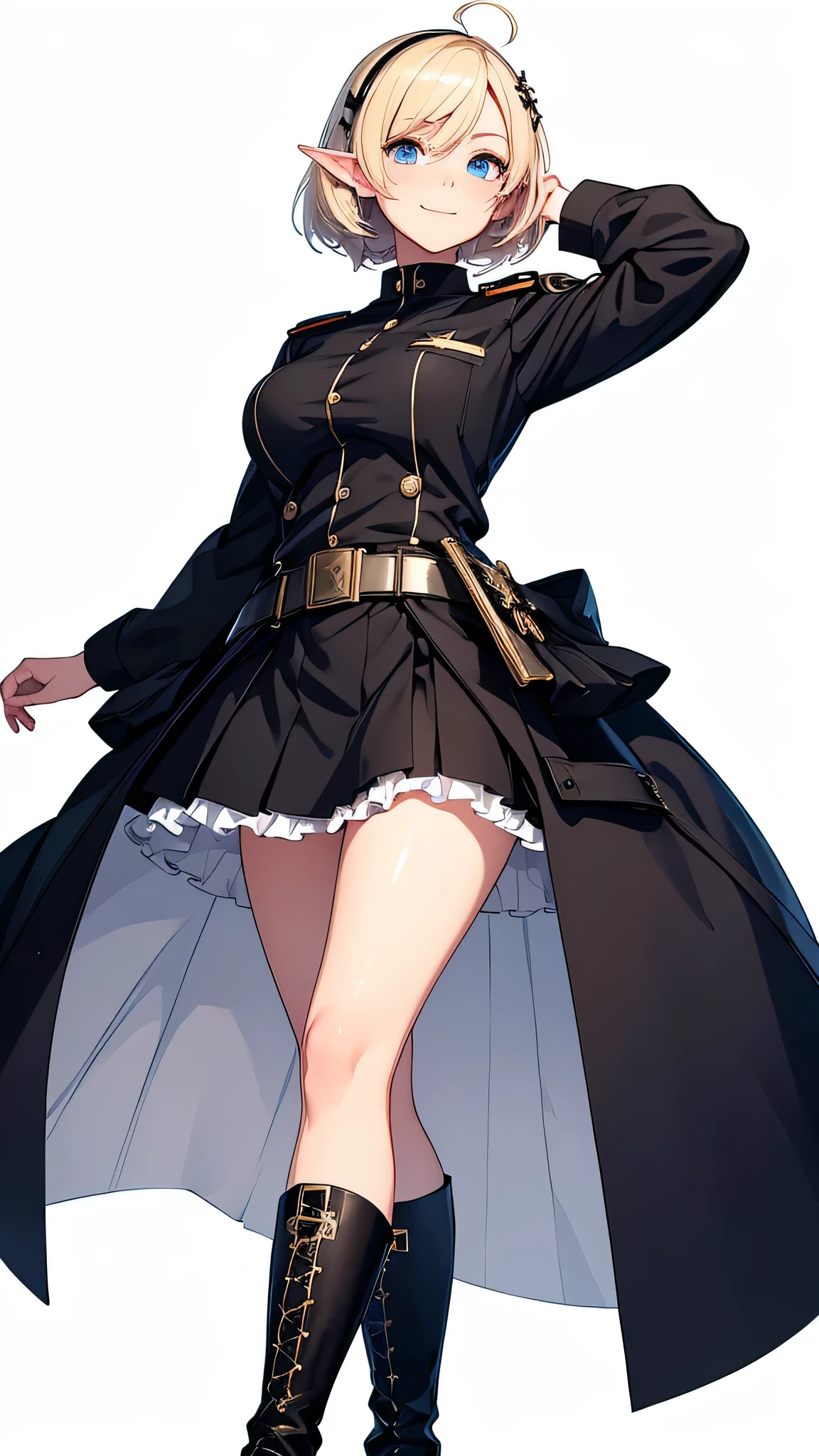 white background, no background,masterpiece, best quality, extremely detailed,a pretty woman,female k,full body, blue eyes, shorthair, original character, huge Breasts:1.2, standing, blonde hair,Hairclip,elf,ahoge, 1girl, black thigh-high socks,fair skin,black frill skirt,Gun belt on waist,boots,black military uniform,smile,Holding nothing in hands,Droopy eyes with straight lower eyelids