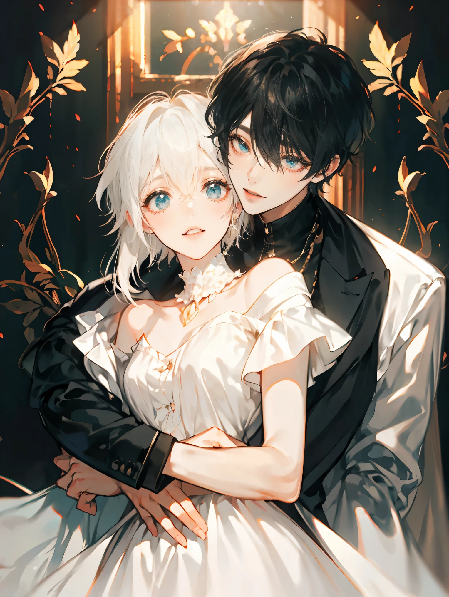 1 beautiful girl(long hair),hugged by 1 boy(short hair), Hug from behind, front,Soft light creates delicate shadows,romanticism,Aesthetic style,rainbow