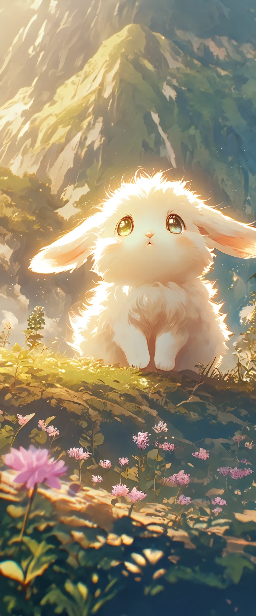 Create a close-up, animated illustration of a fluffy baby bunny sitting in a field of clover. Emphasize the soft fur, big eyes, and twitching nose of the bunny. The background should be a gentle blur of greenery, highlighting the cuteness and innocence of the baby bunny, by makoto shinkai, anime beautiful peace scene, beautiful anime scene, anime background art, anime landscape wallpaper, anime countryside landscape, anime art wallpaper 4 k, anime art wallpaper 4k, beautiful anime scenery, anime art wallpaper 8 k, amazing wallpaper , Ultrawide cozy , Wide Angle