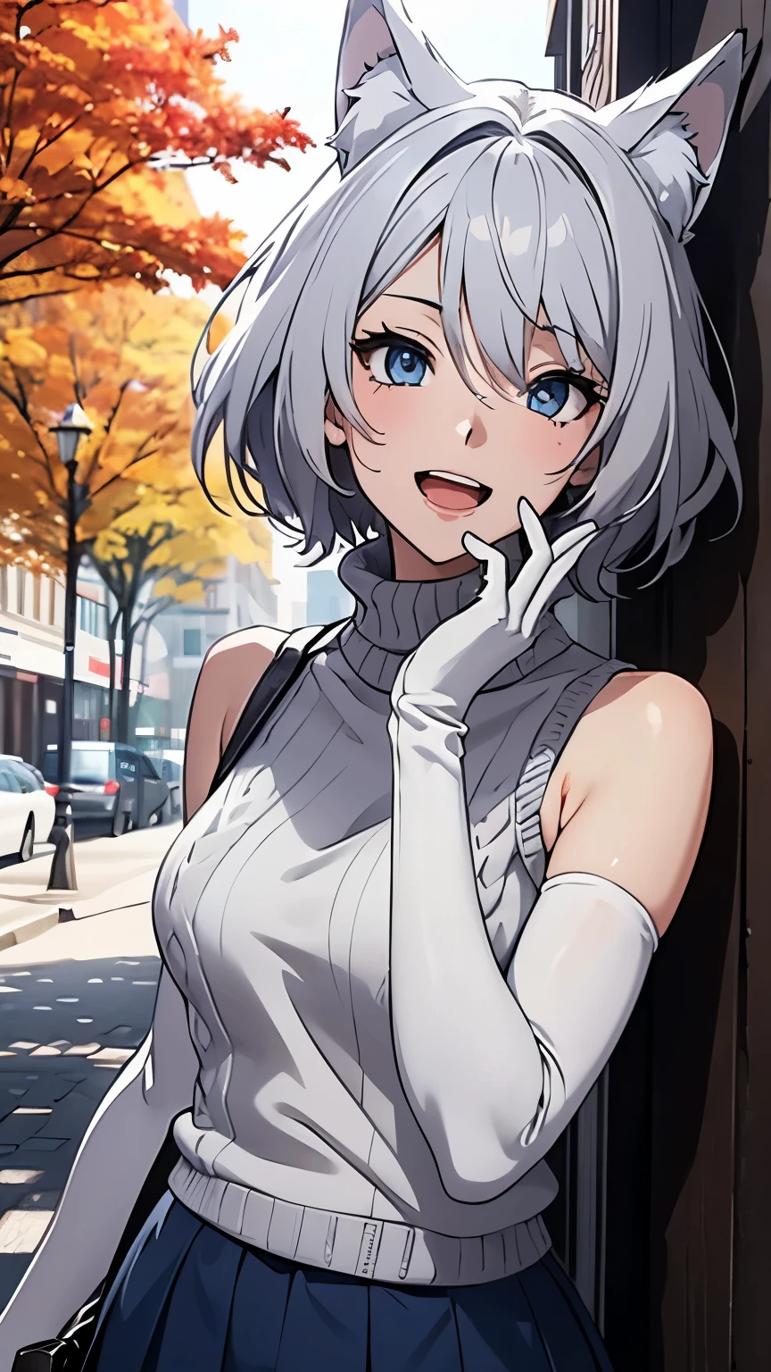 Tabletop　High resolution　Best image quality　8k　 Adult female　Anime Style　White long gloves（Elbow Gloves）　White knit sweater（Sleeveless）　mini skirt　White pantyhose　White wolf ears　short hair（（Shortcuts）（Gray Hair）（Perm）（fluffy））　blue eyes　Attractive face（（Laughter）（smile）（Open your mouth））　Are standing　Place your hands on your knees　Building district