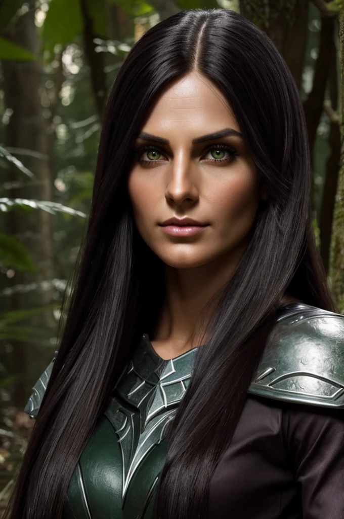 female dark elf, long straight hair, ultra detailed face and eyes, hyperrealistic, realistic depiction, 30 years old, standing in a forest, pretty face