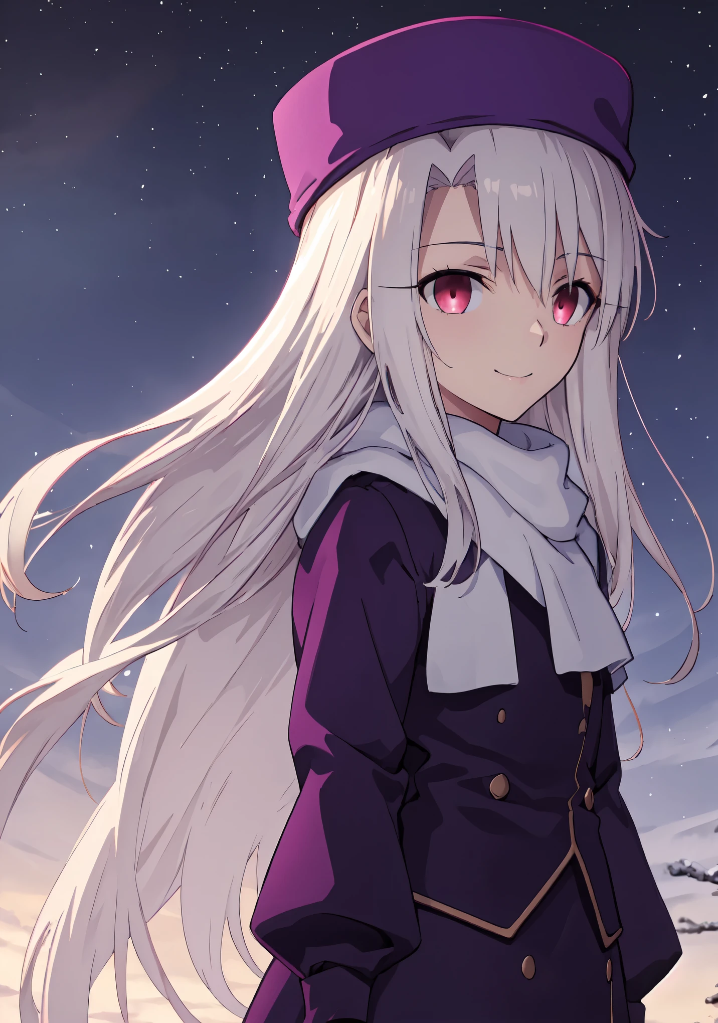 best quality, masterpiece, highres, solo, (illyasviel_von_einzbern_fatestaynightufotable:1.10), 1girl, papakha, night, northern lights, aurora borealis, castle in the backround, white scarf, purple headwear, purple coat, anime coloring, closed mouth, looking at viewer, smile, outdoors, upper body, anime_style, 3 