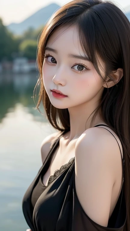 ((ung girls)), (extremely detailed beautiful face), Amazing face and eyes, (Best Quality:1.4), (Ultra-detailed), (extremely detailed CG unified 8k wallpaper), Highly detailed, High-definition raw color photos, Professional Photography, Amazing face and eyes, Pink eyes, Twin-tailed, Brown hair, Model, (((Bokeh))), depth of fields, Beach, Twilight, Sunset