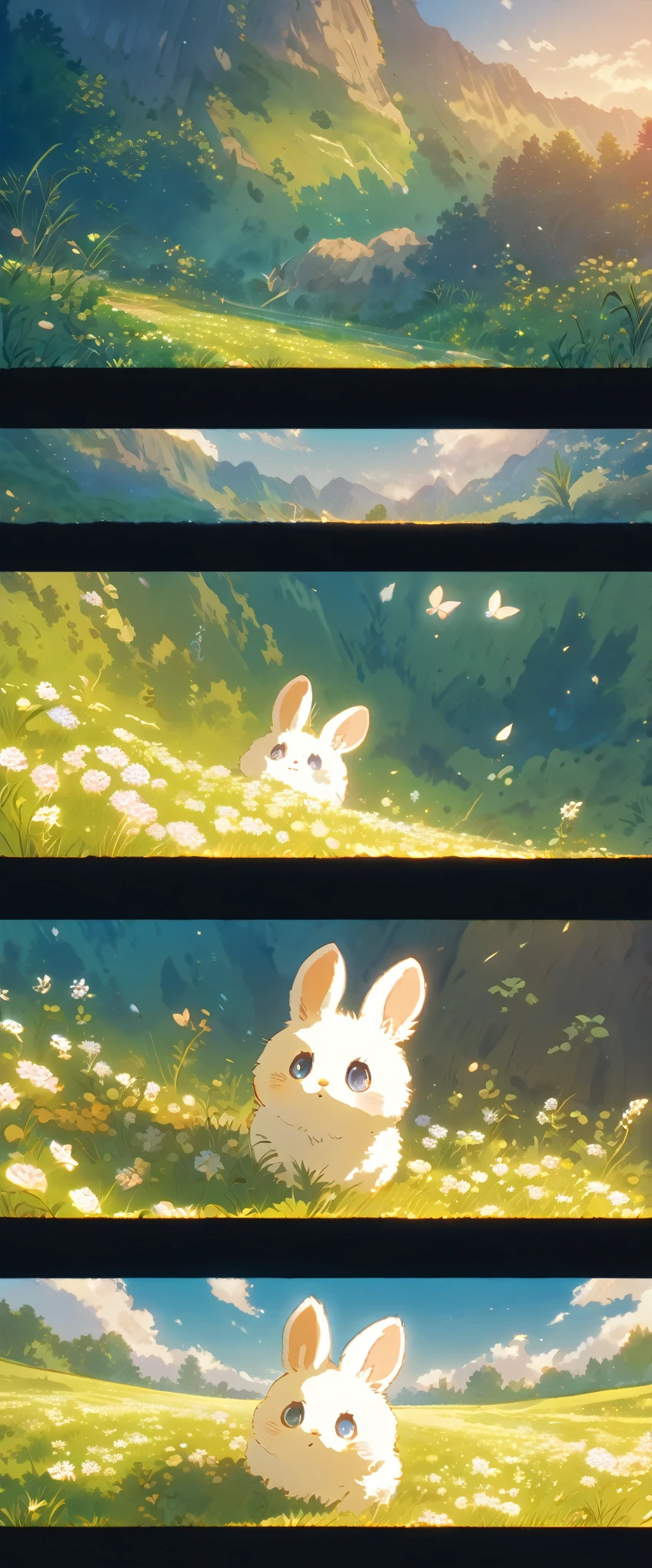 Create a close-up, animated illustration of a fluffy bunny sitting in a field of clover. Emphasize the soft fur, big eyes, and twitching nose of the bunny. The background should be a gentle blur of greenery, highlighting the cuteness and innocence of the baby bunny, by makoto shinkai, anime beautiful peace scene, beautiful anime scene, anime background art, anime landscape wallpaper, anime countryside landscape, anime art wallpaper 4 k, anime art wallpaper 4k, beautiful anime scenery, anime art wallpaper 8 k, amazing wallpaper , Ultrawide cozy , Wide Angle