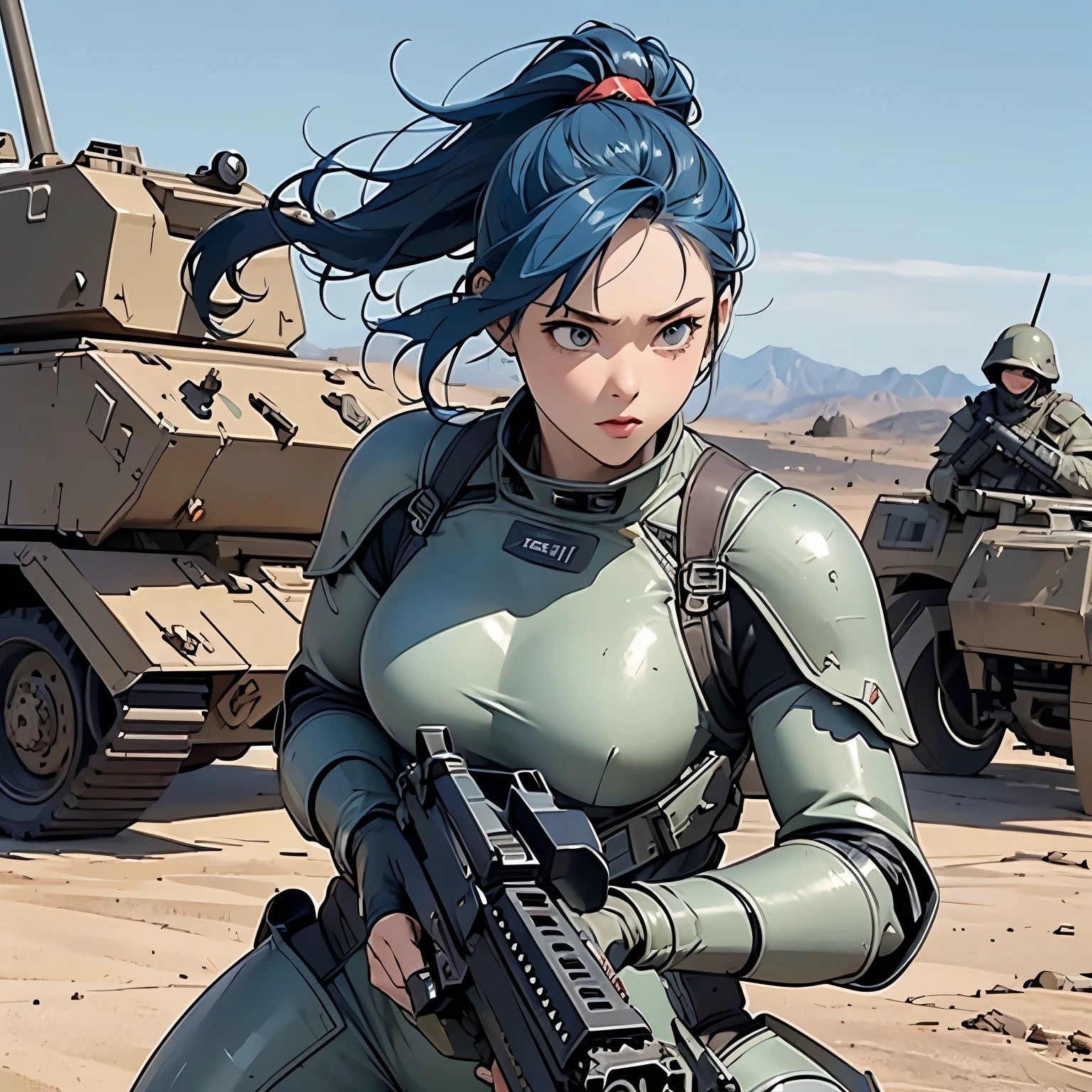 nsfw, anime screencap, 16K, perfect anatomy proportion body, perfect hands, action, A dynamic composition with a sense of speed and movement, (Hold an assault rifle:1.6), a wife, 40age, perfect beautiful delicate sexy face, perfect beautiful delicate drooping eyes, blue hair, updo, large breasts, abs, Camouflage-colored heavy armored steam engine full armor powered suit, Many heavily armored robot soldiers are engaged in a firefight in the background., Flying bullets, Desert Battlefield, war, Post-apocalyptic,