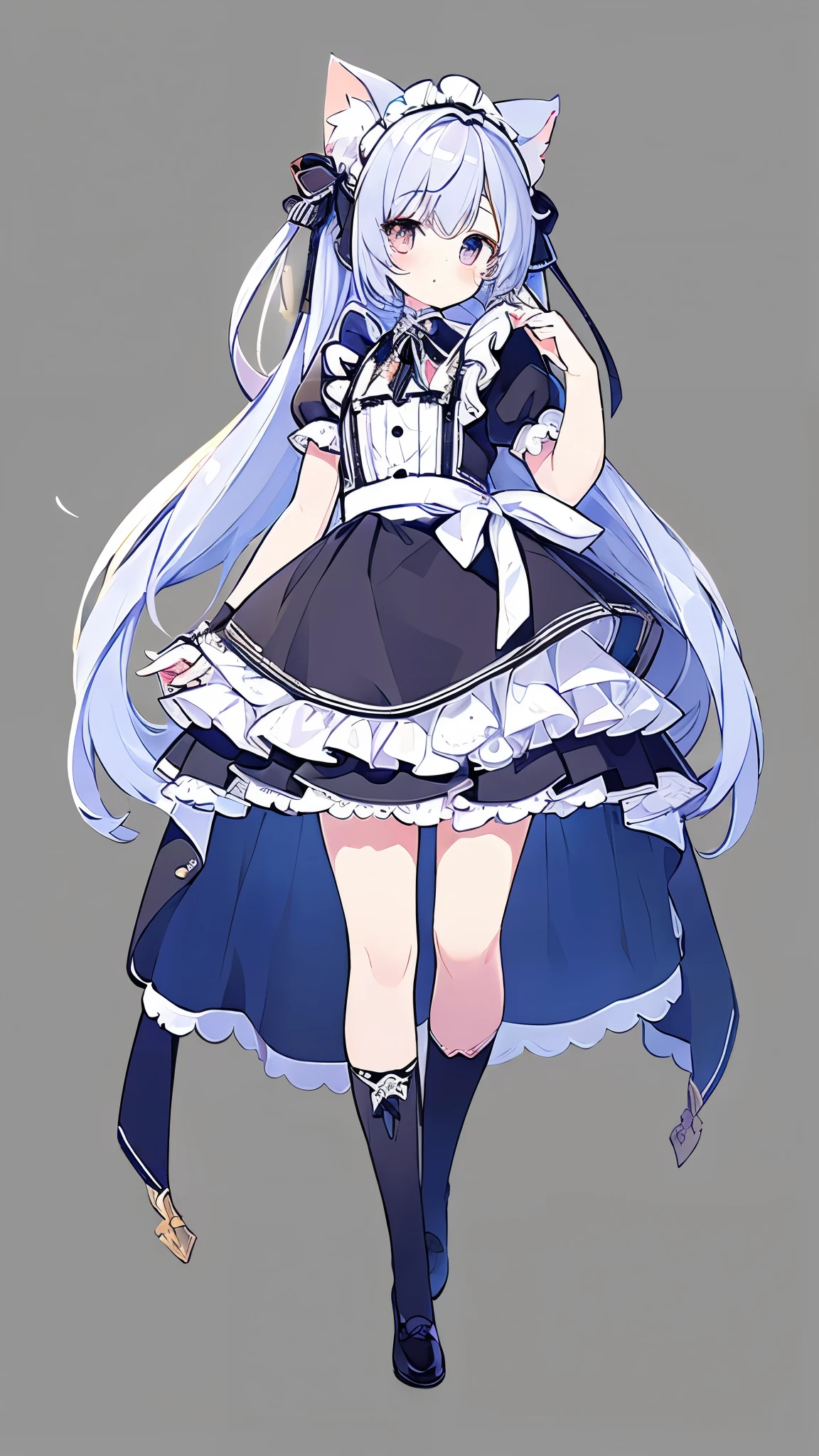 ((masterpiece)), ((best quality)), ((ultra detailed)), cute girl, gray long hair, beautiful gray eyes, maid costume, ribbons, cat ears, ((simple white background)), the whole body, 立ち絵