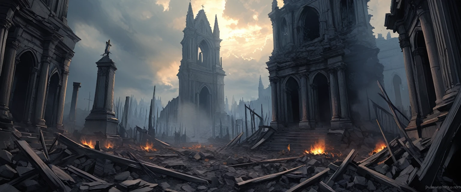 Destroyed medieval city, smoke, destroyed forest, shades of black, no fire, destroyed buildings