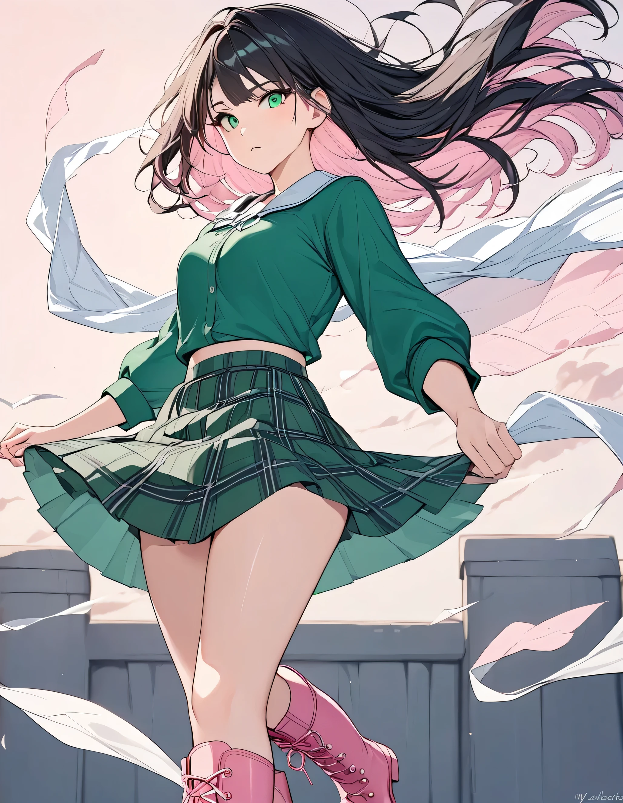 ((Best Quality, 8k, masterpiece: 1.3)),people間の女の子,1people,1peopleで,((Petite,Glamorous Body,Curvy)),cute,A look of glaring at something,Move to the left front(((Kaneda Perth,Archer,Drawing the bow))),((Thunder roars on a dark background)),((Pink tight mini dress)),((Long black hair)),Beautiful emerald green eyes,(((My hair and skirt flutter in the wind,Wear pink boots))),