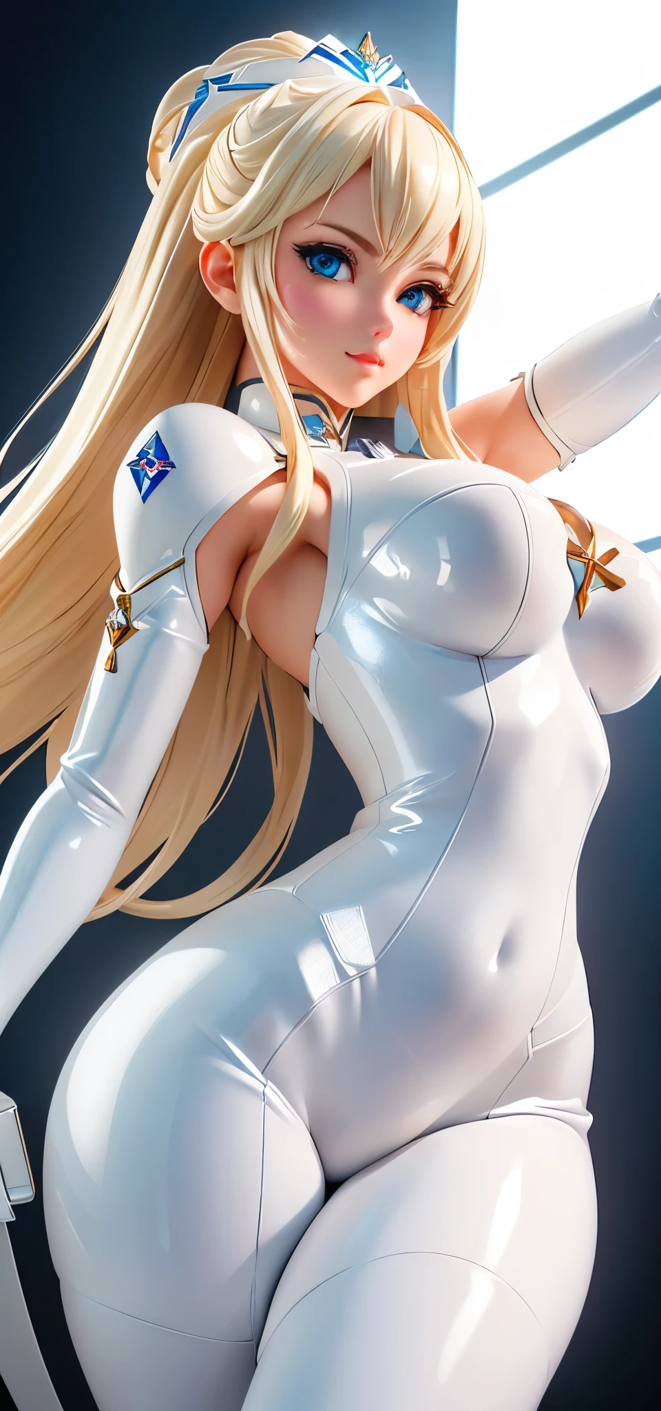 (best quality,highres,masterpiece:1.2),(realistic:1.37),ultra-detailed,Adora wearing skimpy white tights, white microbikini, massive breasts, red booty shorts, white gloves with golden accents,long blonde hair flowing in the wind,sparkling blue eyes with determination,shining gold tiara adorning her forehead,vivid colors illuminating the scene,seductive, posing on a bed, staring at viewer, pouty lips                                         
(turquoise, pale pink, and gold color tones),(angelic lighting)