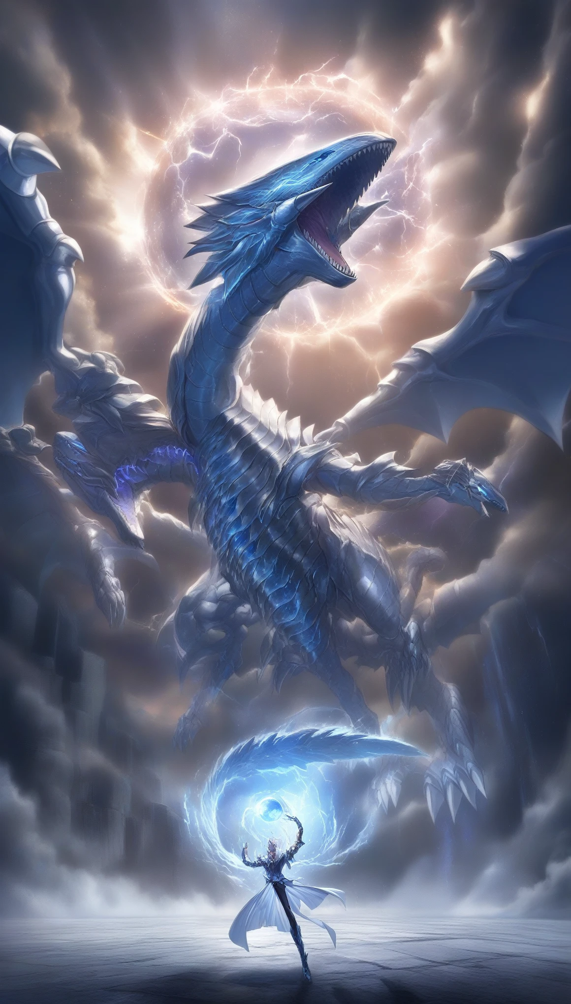 BLUE EYES WITHE DRAGON BURST STREAM DRAGON  (criatura), dientes, boca abierta, dragon, solo, garras, sharp dientes, lengua, cuerna, colmillos, duel monster yugioh dragon blanco de ojos azules, alas, monstruo, zapatillas con clavos, obra maestra, La mejor calidad, ULTRA ALTA DEFINICION "Create a hyper-realistic, ultra-detailed, masterpiece of a White Dragon with Blue Eyes soaring majestically through a stormy, celestial sky. The dragon's shimmering, crystalline scales reflect the moonlight, exuding a majestic aura of ethereal power. Each scale should be intricately designed with iridescent hues, glowing faintly with mystical energy. The wings are vast, stretching across the sky, with veins of light pulsing through translucent membranes that evoke a sense of ancient magic. Its eyes are glowing sapphire orbs, filled with ancient wisdom and the fierce intensity of a being that commands both awe and terror. The background should feature dramatic, thunderous clouds swirling in chaotic patterns, pierced by sharp rays of lightning. This scene must convey both grandeur and fear, focusing on every tiny detail to bring out a sense of divine presence. High-definition textures, photorealistic rendering of the dragon’s anatomy, and ultra-sharp resolution are essential to capturing every micro-detail, making it feel as though the dragon could leap out of the image."


