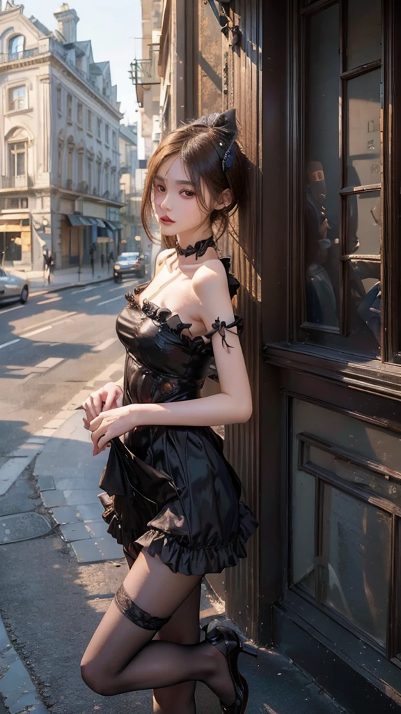 highres, shadows, absurdres, best_quality, ultra_detailed, 8k, extremely_clear, photograph, beautiful, beautiful face, sharp focus, hdr, 1girl, sad, wide-eyed, shock, barely clothed, torn clothes, dress, multiple boys, zombie, motion blur, looking back, looking over his shoulder, thong