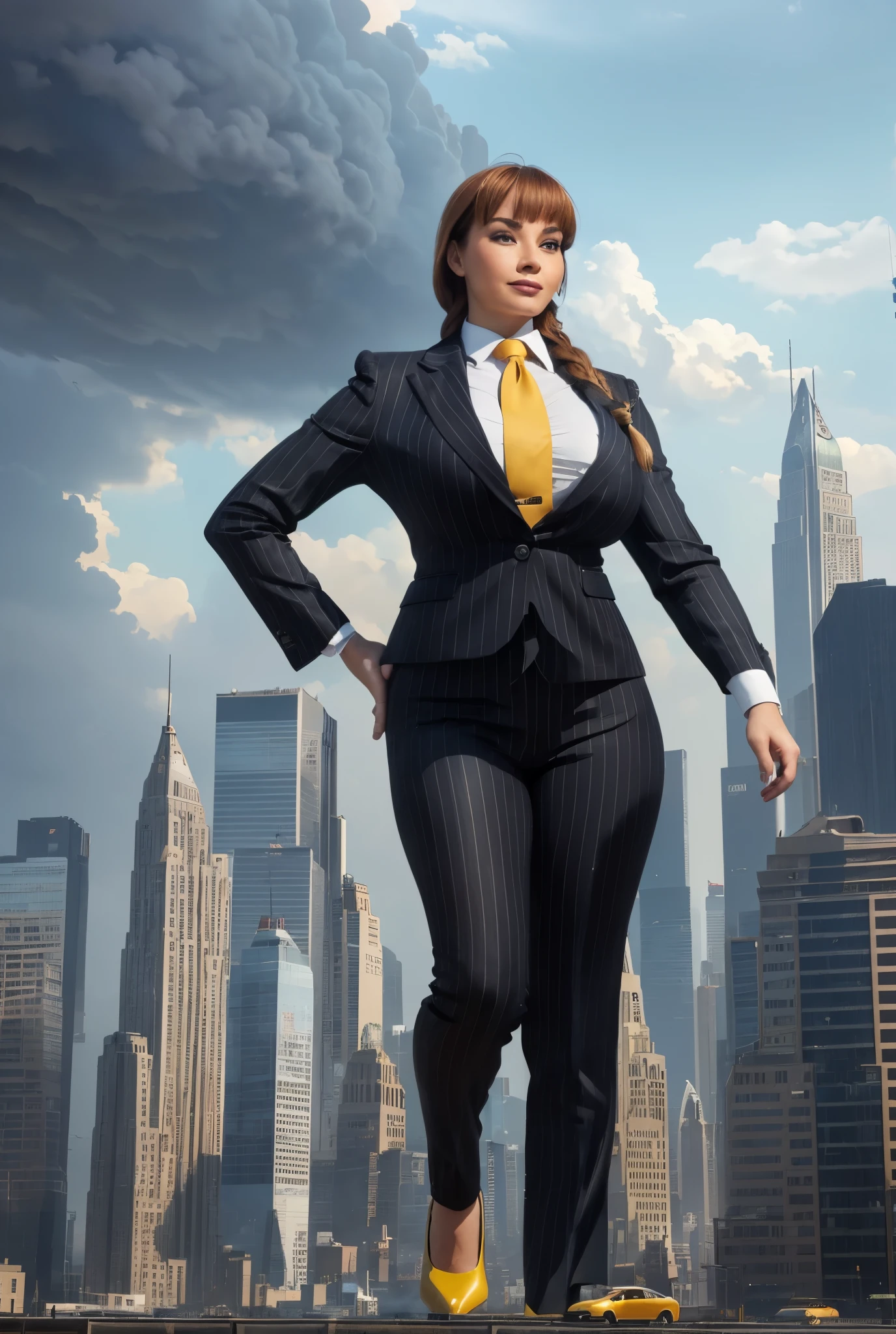 Young adult futanari beautiful curves a massive thighs ginger hair in a long fishtail braid, lipstick wearing a perfect perfect tailored grey pinstriped trouser suit and blazer, crisp white shirt and large broad yellow windsor knot tie,colossal breasts. Platform high heels , standing, giantess art, full body view, highly detailed giantess shots, giantess, most detailed, perfect face, Two legs, Five fingers, short hair, A girl who is bigger than a skyscraper, standing on very small city new york, skyscarpers at their feet, skyscrapers small, smile, huge breasts, major metropolis, numerous cities, , A very small big city, Miniature metropolis, Full body description, GTS, giga giantess, gigagts, stomping city, crash city, tiny city, micro city, , High resolution, highest quality, masterpiece,  tiny destroyed skyscrapers city, illustration, skyscrapers size of small toys standing behind and very far away from city, (masterpiece, best quality, best shadows, best shading, perfect hands, perfect face, cinematic lighting, colorful, ultra-detailed, beautiful photography, character focus, extremely-detailed, photorealistic, hyper photorealism, atmospheric), ), (giantess, stereotypical office boss), (dirty, filthy, unwashed, sweaty, unkempt, happy, tired, exhausted, annoyed), ((walking, mid stride:1.2, stepping down on:1.2, stomping, crush, rampage)), (black patent Louboutin rounded toe pumps, high heels, platform heels), ((,)), ((long ponytail hair with front bangs)), (high altitude photography, satellite view), (curvy, , heaving bosom, legs), (mega city, urban sprawl, and small towns, buildings, roads), (((cloudy, overcast, clouds and atmosphere partly obscuring the subject:1.2, hazy atmosphere, haze in foreground, wispy clouds))) footprints warzone 