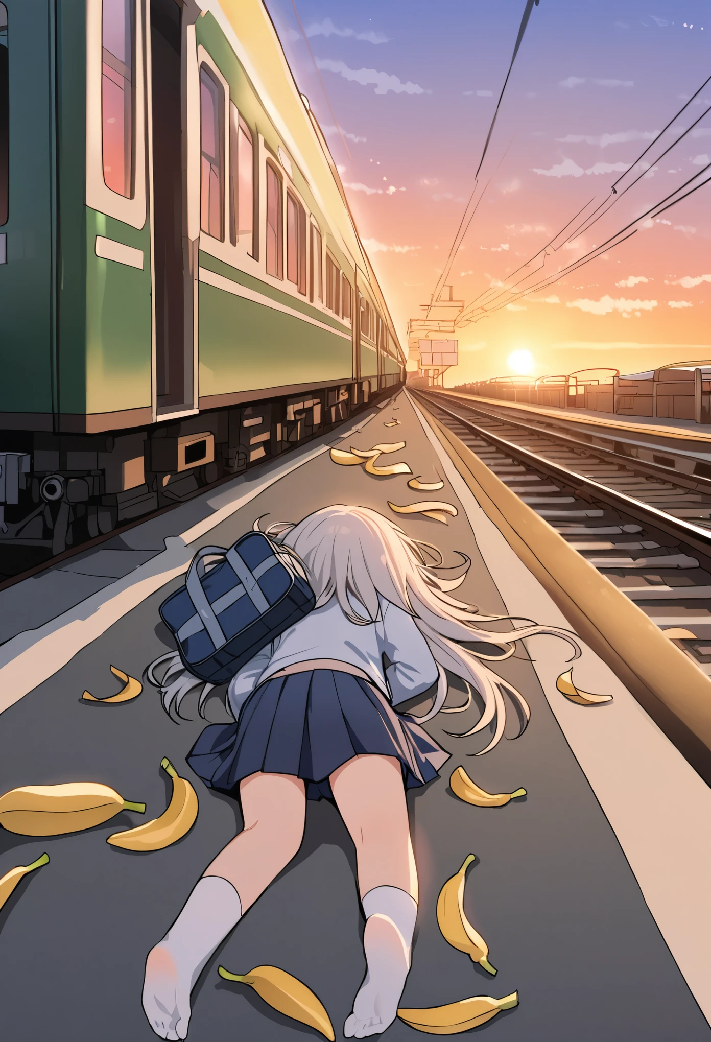 Chibi, one girl, face down, spread out, whole body, school uniform, lying down, sleeping, back of head, relaxing,do you look dead? ,rear view,BREAK, station platform, missed the train girl, school bag,her feet Banana peel,(A passing train), sunset,