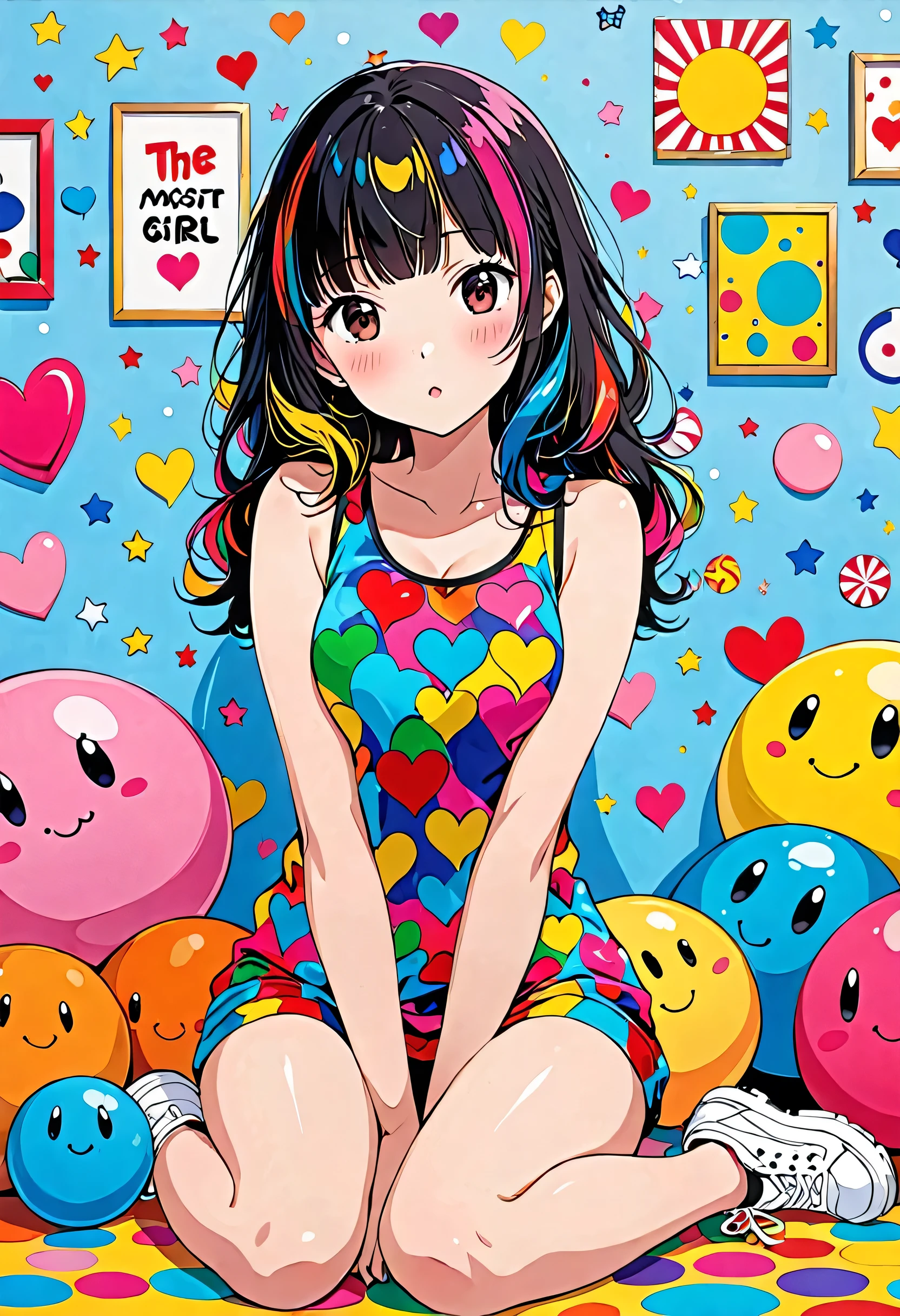 Keith Haring colorfull style, Simple Line Initialism,Abstract art,(((The most beautiful girl of all time))), Sweet face. colorful hearts, funny design, (((bosom buddy ))), (((Cute Aliens))), The background is space