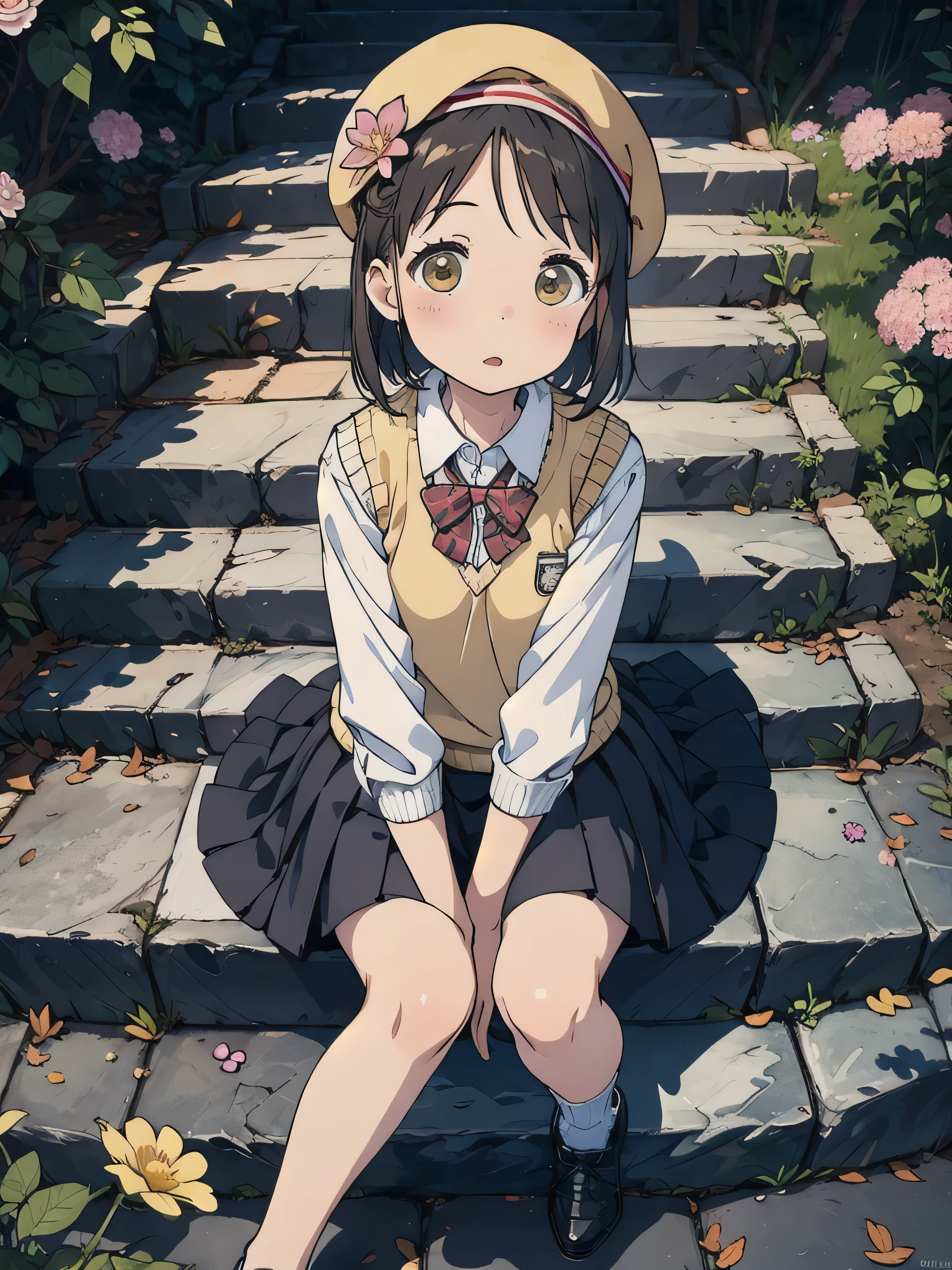 cute、solo、White shirt、Sweater vest、skirt(Check pattern:1.2)、beret、Flower Hair Ornaments、On the cobblestones、Sit on the stone steps、