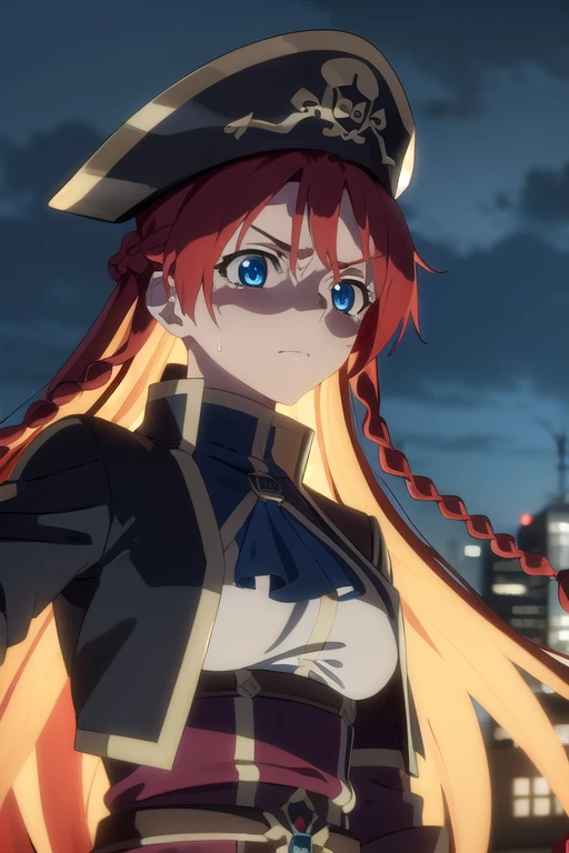 selesiaupitiria, selesia upitiria, long hair, blue eyes, braid, red hair, multicolored hair, twin braids, two-tone hair, big breasts, muscular body, blush, sweat, aroused facial expression,
(black pirate long-coat uniform), long-sleeves, (red ascot), epaulettes, (black wide-brim pirate hat), black hat,
outdoor, city, night, sky, buildings, moon, clouds, (very dark),
looking at viewer, facing the viewer, (close-up),
(masterpiece:1.2), best quality, high resolution, unity 8k wallpaper, (illustration:0.8), (beautiful detailed eyes:1.6), extremely detailed face, perfect lighting, extremely detailed CG, (perfect hands, perfect anatomy)