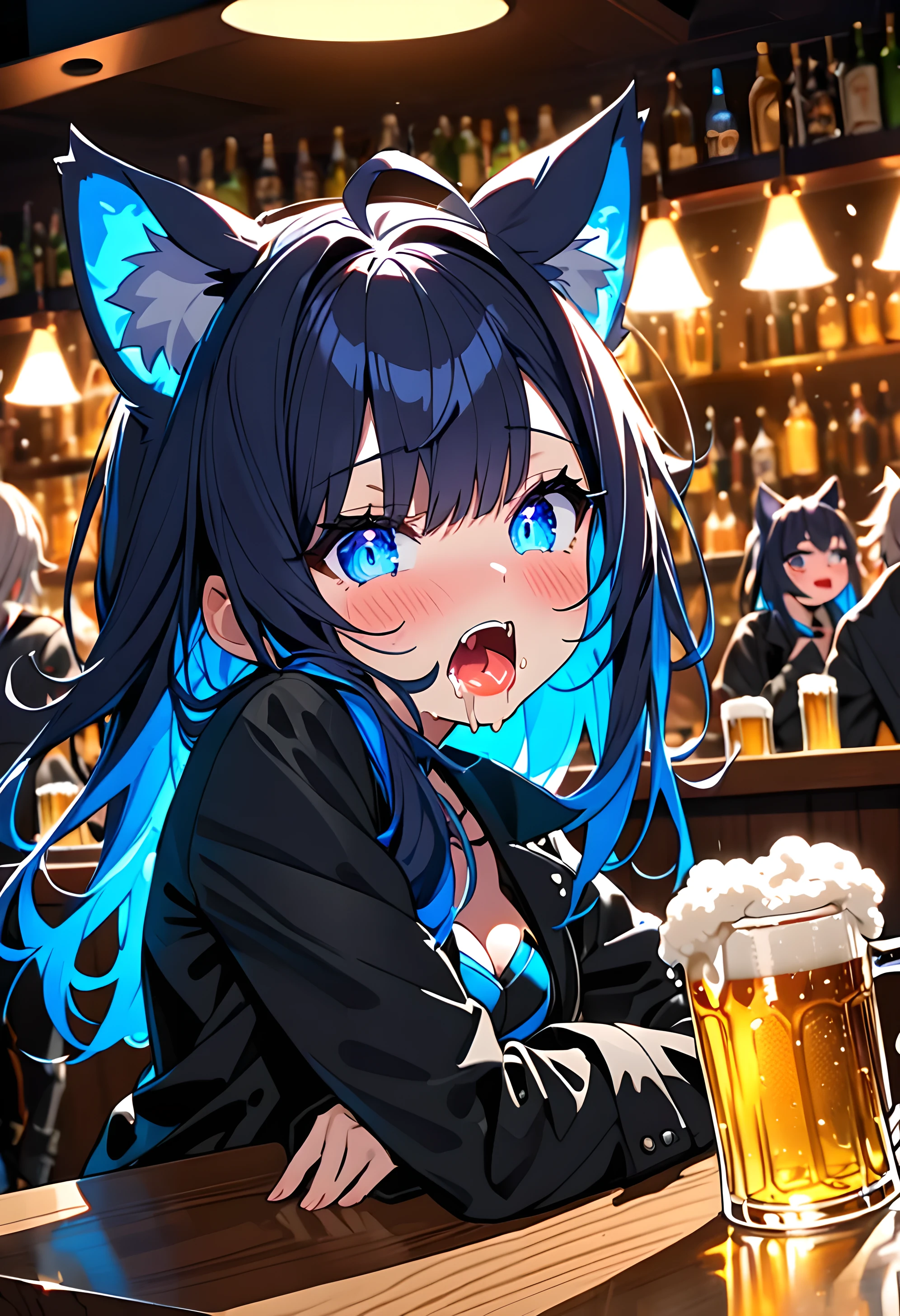 8K Ultra High-Quality, ultra-detailed, High quality, dark Blue hair, Neon Blue inner layer hair, glowing Blue eyes, Long hair, Cat ears, red face, Black jacket, sitting on table, jugging down a big glass of beer, full body, looking away from viewer, dizzy, drunk, drooling