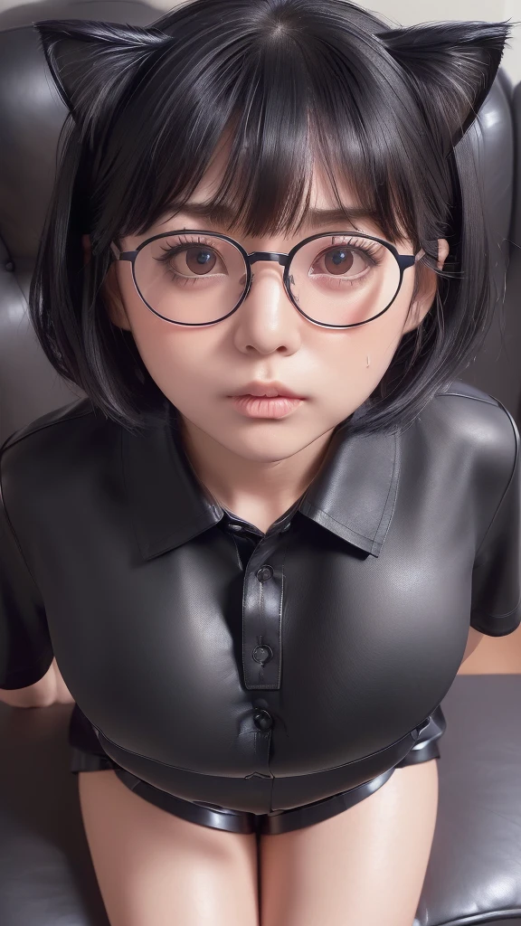 masterpiece, 8k,16k,((   living room  )),(((black eyes:1.10))),(((Subjective))),(((Cute little sister))),(((Bob hair))),(((bangs))),(((Droopy eyes:1.2))),Best Quality, (((Very detailed))), (((Textured skin))),(((No makeup))),(((black leather collared shirt))),((high short  leather mini shorts,))),(((Primary school students))),(((from front))),(((Glasses))),(((Kneading her breasts))), Sit on the sofa,(((Directly above angle:1.3))), (((Plump thighs))), 
(((Close-up of face:1.4))),(((face focus))),(((Point slightly upwards))),(((Bring your face closer:1.4))),(((Move your mouth closer))),(((cat ear))),(((Sweaty))),(((Big Breasts:1.6))),(((Beautiful breasts))),(((fully clothed))),(((A shirt with all the buttons closed))),(((Sexy lips)))