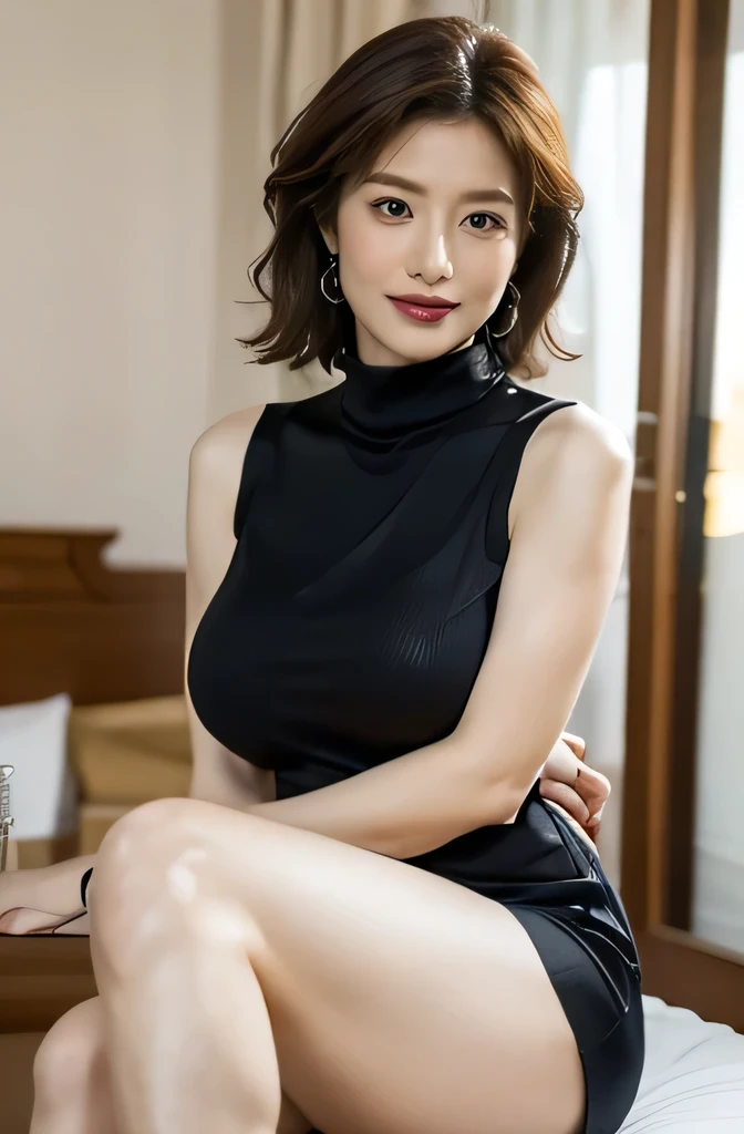 1 female、Beauty,Beautiful Face,smile、polo neck bodycon dress、(Black clothing:1.2)、(mini skirt dress:1.3)、(Sleeveless clothing:1.5),(Tight fit:1.7) 、Dignified appearance,,Plump Style,Large Breasts,(Saggy breasts:1.4)、Front View,Focus on the chest、Ultra-realistic,Ultra-high resolution,Best Quality,8k,masterpiece(Thighs, Thighs, Thighs、Crossing your legs:1.5),(Hotel interior、Shooting while sitting on the bed:1.3),No bra,50 years old,