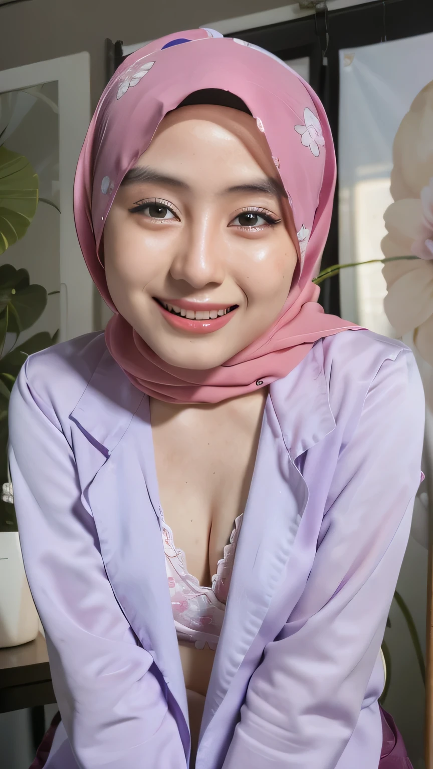 glamorous photo of a 3 beautiful malay girls wearing hijab, she is wearing a pink shirt, (open shirt: 1.2), undersize bra, small breasts, lilac panties ((floral pattern)), standing tall, happy expression, wide smile showing teeth, in a modern office, near computer workstation, sensual pose, (best quality,4k,8k,highres,masterpiece:1.2),ultra-detailed,(realistic,photorealistic,photo-realistic:1.37),detailed eyes and face, beautiful detailed lips, long eyelashes, shot on Canon EOS 5D Mark IV DSLR Camera with 25 - 105mm f/ 4L II Lens, high key brightly lit lighting,