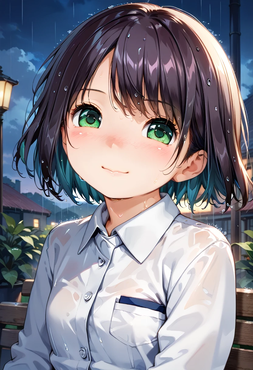 score_9, score_8_up, score_7_up, source_anime, 1girl, (8k, Best Quality, Masterpiece: 1.2), Super Detailed, Cute, Alone, detailed eyes, Beautiful Detailed Sky, Detailed Cafe, Night, Sitting, Date, (Nose blush), (smile: 1.15), (close mouth) small breasts, beautiful details, (collared shirt: 1.1), night, wet, business wear, rain, white lace, (short hair: 1.2), floating Hair