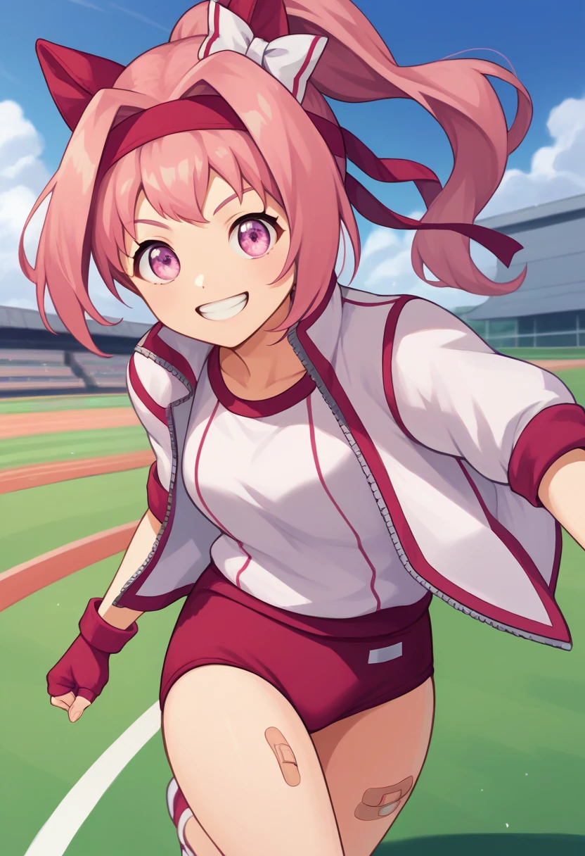 best quality, masterpiece, highres, score_9, score_8_up, score_7_up, source_anime, solo, 1girl, haru urara, grin, looking at viewer, running, ponytail, hair bow, white bow, headband, animal ears, ear covers, symbol in eye, flower in eye, gym uniform, white jacket, track jacket, open jacket, white shirt, red gloves, fingerless gloves, red buruma, bandaid on leg, outdoors, racetrack 