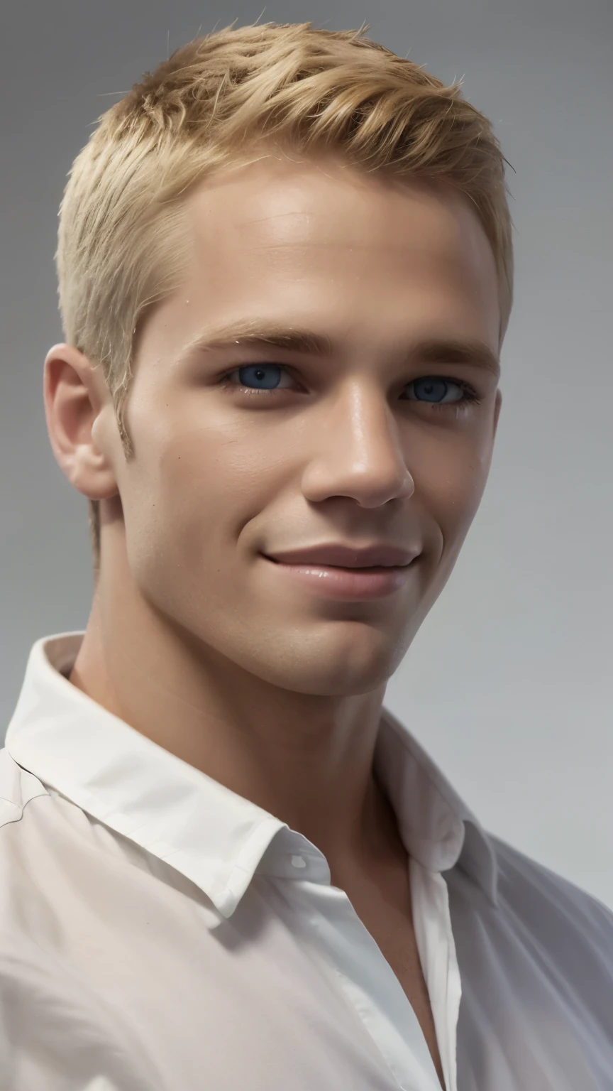 A close up of a man with a white shirt and blue eyes - SeaArt AI