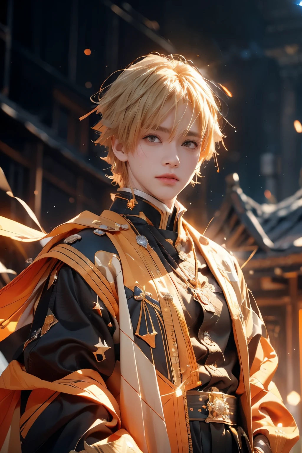 Realistic portrait of zenitsu, handsome boy, demon slayer, blonde short hair, orange and yellow haori, 3d, glow particles, portrait, lightning thunder power effect, Best Quality, Anatomically Correct, Accurate, Masterpiece, Backlighting, Lens Flare, Motion Lines, From Below, Halo, POV, Depth Of Field, Sparkle, High Resolution, Solo, portrait, Bright Pupils, Anger Vein, Serious, Close-Up, Glowing Light, Optical Illusion, thunderous effect