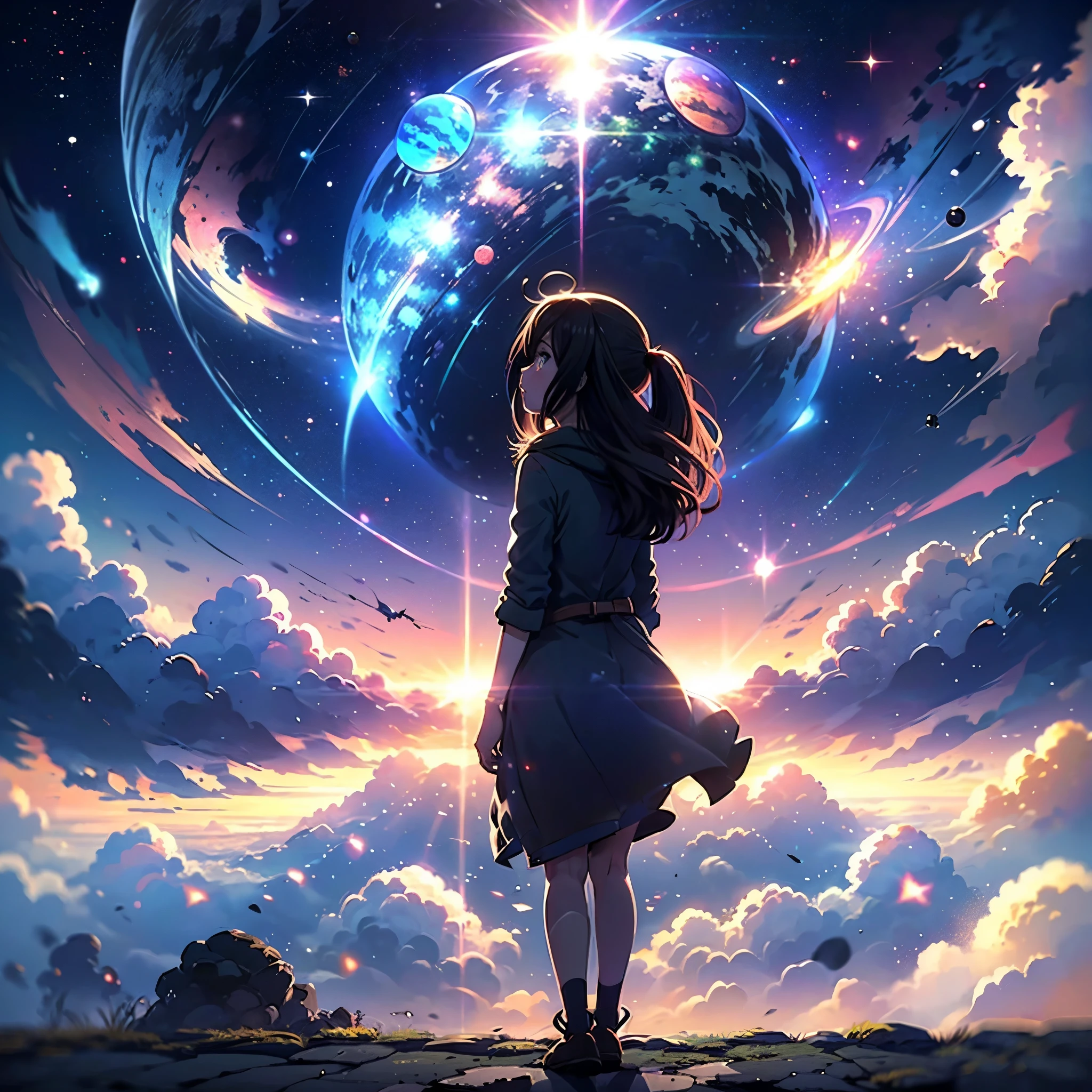 Girl pointing at the sky, profile, On the left of the screen (((Planets suffering from Rayleigh dispersion))), (((The planet is very far away))), Lots of clouds, View from above, Focus Sky