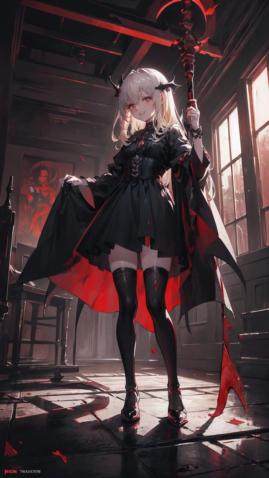 (Best Quality,4K,High resolution,masterpiece:1.2),Very detailed,Realistic:1.37,,(whole body, I can see your feet and shoes: 1.2),、(,Spooky altar background,dark fantasy,Red color scheme,Ominous atmosphere,Eye-catching,Storytelling,anatomy,Anime Style,Concept Art,beautiful細部までこだわった顔と (((Red eyes ))),A terrifying ritual ,Satanic Ritual,Premature death,Inappropriate behavior,クレイジーなsmile,Scythe Face,Girl Monster, beautiful, Delicate facial features, Sharp Eye, Sharp Fangs, pale Skin, Thick Chain, Dark Background, Cinema Lighting, Dramatic Shadows, Gothic style, Gloomy atmosphere, dark fantasy, One person&#39;S, Please open your mouth wide, Open your mouth and baring your teeth,Sharp teeth like a beast, Wide lips, Very wide mouth, Red cheeks, ,(Blood splatter:1.4),Scary smile, smile,Angel Design, TwiSted smile、Bloody、Head bleeding,,,,,、Blood splatter、,(Blood splatter:1.4),skull,Horrorスタイル, ((Fantasy Sweet Ta Frill Pink Costume)), ((Flowing blonde hair)), ,(Blood splatter:1.4),Female Curves, Sexy flat stomach, Perfect hands, Perfect anime character face, (Pink Tata Dress)), Standing, ((邪悪なsmile)), ,(Blood splatter:1.4), Steam circulation, Moonlight Illumination, night lighting, (Blood splatter:1.6),アニメAngel Design, TwiSted smile、Bloody、Head bleeding,,,,,、Blood splatter、,(Blood splatter:1.4), skull,Gothic architecture、Western architecture、ファンタジーのworld、,Victorian city, Skeleton Gas Light,Absurd, High resolution、 ((Tabletop)), ((Best Quality)), (Very detailedな), ((Very detailed)), (beautiful), ((cute)), (NFSW:1.8), One personで,(:1.6)、(world&#39;The most terrifying and creepy demon :1.5)beautiful face、whole bodyエズビアン、pale, beautiful肌、beautiful金の髪、Smiling Kindly、Dark building ruins、(snow white&#39;Frill dress:1.3)、(The dark ruins are stained with blood:1.3)、ローアングルwhole bodyショット、(少女は血の海の中にStanding:1.5)、(The ground is full of blood:1.3)、(Lost a lot of blood...:1.3)、(クレイジーなsmile:1.6)、Spirits、(Blood dripping from the mouth:1.3)、Neo-Gothic style, Wearing a black dress and a white collar, Wearing a black hat、Wearing heavy makeup, Standing in a mystical garden surrounded by vines. The garden is full of deep purple flowers.、背景のGothic architecture。. &#39;Hair is golden、、A red rose is pinned to her side。. Her eyes are sharp、It&#39;Stabbing., Thick black eyeliner and long eyelashes. 彼女は顔色がpale.、Lips bright red.. The atmosphere is gloomy and eerie, Dim lighting casts long shadows. This piece combines digital illustration and photography....., outcome、驚くほどHigh resolutionの画像が生まれました. Most colors are dark、I&#39;gentle, Deep reds and purples create a dark beauty.. The style is neo-Gothic., Horror, Portrait photography, Create a unique and engaging visual experience.Dark Imagery
