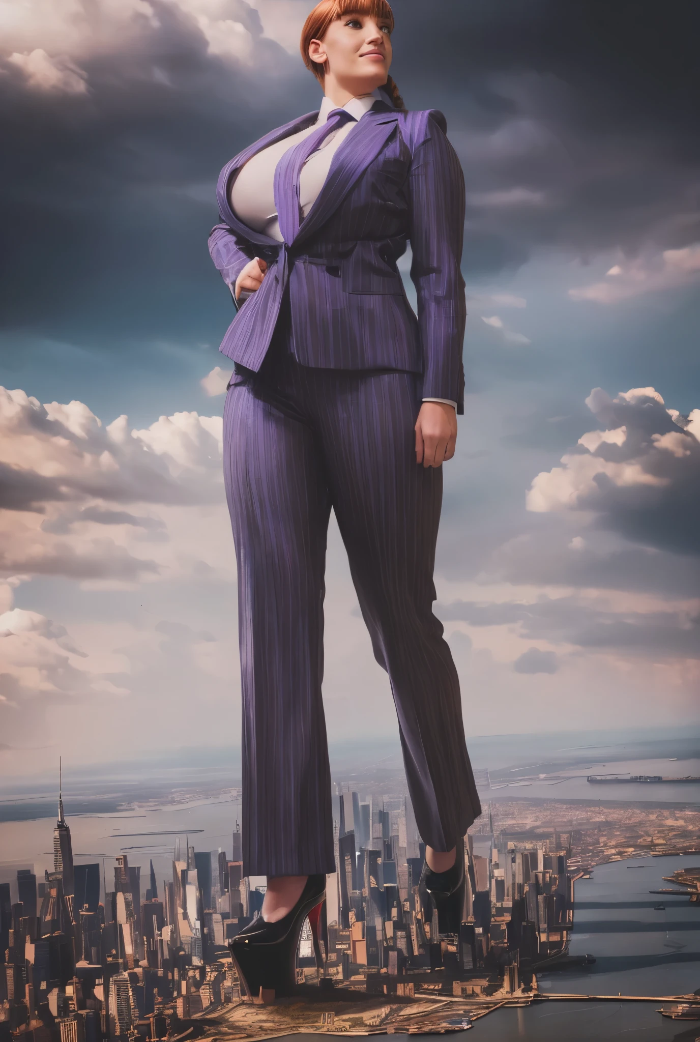 Young adult futanari beautiful curves a massive thighs ginger hair in a long fishtail braid, lipstick wearing a perfect perfect tailored grey pinstriped trouser suit and blazer, crisp white shirt and large broad purple windsor knot tie,colossal breasts. Platform high heels , standing, giantess art, full body view, highly detailed giantess shots, giantess, most detailed, perfect face, Two legs, Five fingers, short hair, A girl who is bigger than a skyscraper, standing on very small city new york, skyscarpers at their feet, skyscrapers small, smile, huge breasts, major metropolis, numerous cities, , A very small big city, Miniature metropolis, Full body description, GTS, giga giantess, gigagts, stomping city, crash city, tiny city, micro city, , High resolution, highest quality, masterpiece,  tiny destroyed skyscrapers city, illustration, skyscrapers size of small toys standing behind and very far away from city, (masterpiece, best quality, best shadows, best shading, perfect hands, perfect face, cinematic lighting, colorful, ultra-detailed, beautiful photography, character focus, extremely-detailed, photorealistic, hyper photorealism, atmospheric), ), (giantess, stereotypical office boss), (dirty, filthy, unwashed, sweaty, unkempt, happy, tired, exhausted, annoyed), ((walking, mid stride:1.2, stepping down on:1.2, stomping, crush, rampage)), (black patent Louboutin rounded toe pumps, high heels, platform heels), ((,)), ((long ponytail hair with front bangs)), (high altitude photography, satellite view), (curvy, , heaving bosom, legs), (mega city, urban sprawl, and small towns, buildings, roads), (((cloudy, overcast, clouds and atmosphere partly obscuring the subject:1.2, hazy atmosphere, haze in foreground, wispy clouds))) footprints warzone 