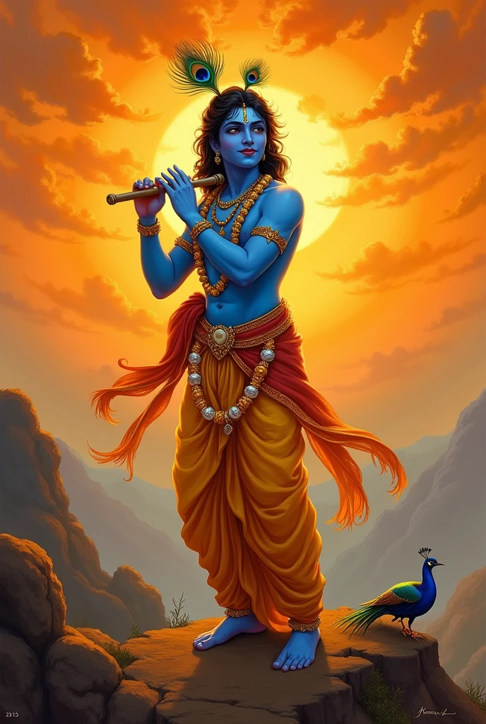 Create a realistic Lord Krishna: dressed in traditional attire with bright yellow clothes (Pitambara) and gold jewelry. Gracefully holding your flute (flute). Displaying a calm and captivating smile with a divine and peaceful expression. Background: heavenly atmosphere: a vibrant, colorful sky with soft clouds, sun rays and moon sign. Yamuna river: flows gracefully with gentle waves . Flower garden: lush greenery with a variety of colorful flowers, adds a touch of beauty to nature. Additional elements: divine light: a gentle, bright light emanating from Krishna, creates a halo effect around him.