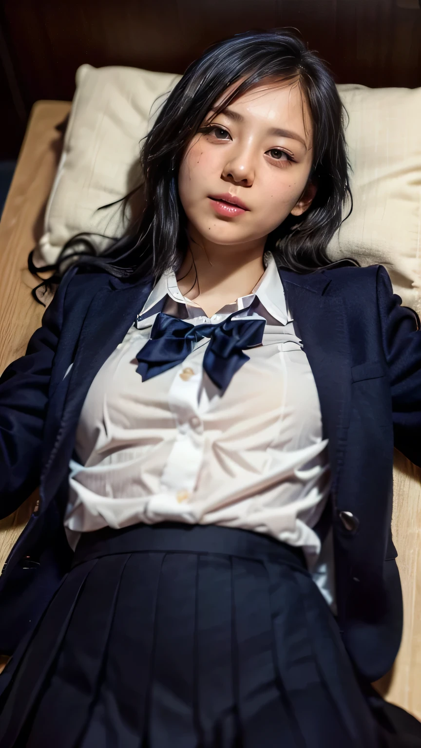 (((lie on one’s back:1.5)、Lying on the bed)、View from above、The whole body is visible:1.3、Accurate body)、((High school girl、uniform、Navy Blue Blazer、(Navy blue pleated skirt:1.2)、Navy blue socks)、(Realistic、As shown in the picture、live-action、8k, Realistic, RAW Photos, Best image quality: 1.4), SLR camera、RAW Photos, Best Quality, Realistic, Highly Detailed CG Unity 8K Wallpaper, Written boundary depth, Cinematic Light, Lens Flare, Ray Tracing, Realistic background、((Ultra-dense skin))、(Long straight black hair 1.2)、Anatomically correct body