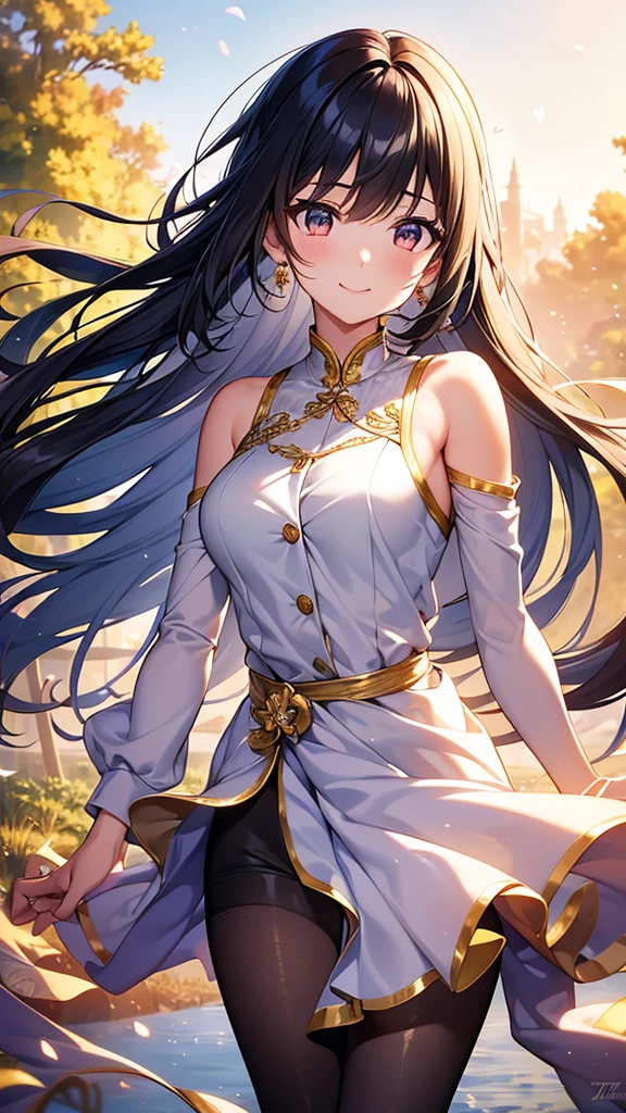 girl,cute,long hair,blue eyes,Skin color,blue black hair,Wearing a western ,light pink cheeks,rose colored lips,Curly eyelashes,Good shape,Medium bust,ใส่กระโปรงลายสก๊อตสั้นเหนือเข่า,ยิ้มอ่อน,พื้นหลังสีขาว,ยืนหน้าตรง,ตัวตรง,สไตล์มังฮวา
