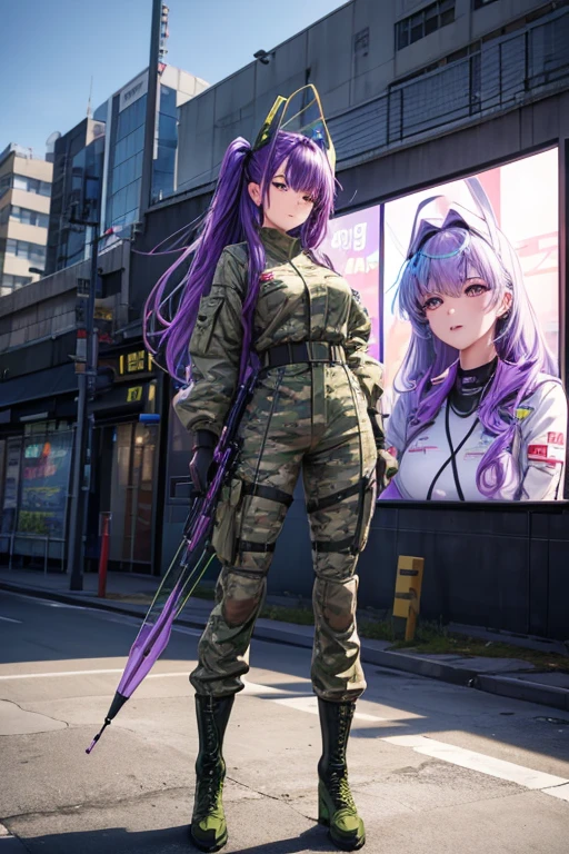 Make a waifu with the military style and the colors black and purple put on his short white hair and hold a weapon