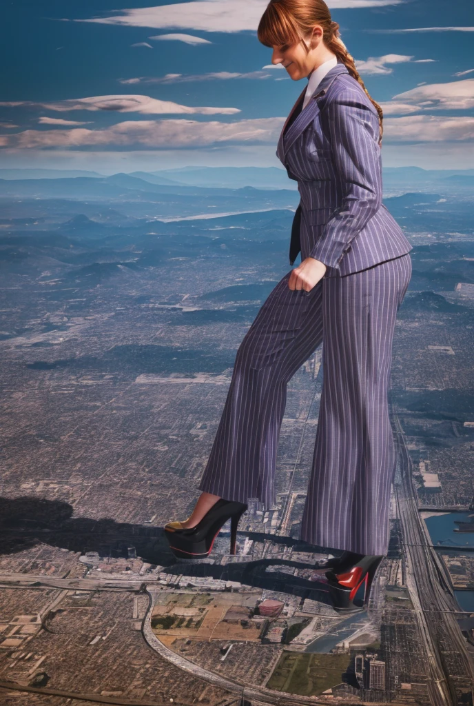 Young adult futanari beautiful curves a massive thighs ginger hair in a long fishtail braid, lipstick wearing a perfect perfect tailored grey pinstriped trouser suit and blazer, crisp white shirt and large broad purple windsor knot tie,colossal breasts. Platform high heels , standing, giantess art, full body view, highly detailed giantess shots, giantess, most detailed, perfect face, Two legs, Five fingers, short hair, A girl who is bigger than a skyscraper, standing on very small city new york, skyscarpers at their feet, skyscrapers small, smile, huge breasts, major metropolis, numerous cities, , A very small big city, Miniature metropolis, Full body description, GTS, giga giantess, gigagts, stomping city, crash city, tiny city, micro city, , High resolution, highest quality, masterpiece,  tiny destroyed skyscrapers city, illustration, skyscrapers size of small toys standing behind and very far away from city, (masterpiece, best quality, best shadows, best shading, perfect hands, perfect face, cinematic lighting, colorful, ultra-detailed, beautiful photography, character focus, extremely-detailed, photorealistic, hyper photorealism, atmospheric), ), (giantess, stereotypical office boss), (dirty, filthy, unwashed, sweaty, unkempt, happy, tired, exhausted, annoyed), ((walking, mid stride:1.2, stepping down on:1.2, stomping, crush, rampage)), (black patent Louboutin rounded toe pumps, high heels, platform heels), ((,)), ((long ponytail hair with front bangs)), (high altitude photography, satellite view), (curvy, , heaving bosom, legs), (mega city, urban sprawl, and small towns, buildings, roads), (((cloudy, overcast, clouds and atmosphere partly obscuring the subject:1.2, hazy atmosphere, haze in foreground, wispy clouds))) footprints warzone 