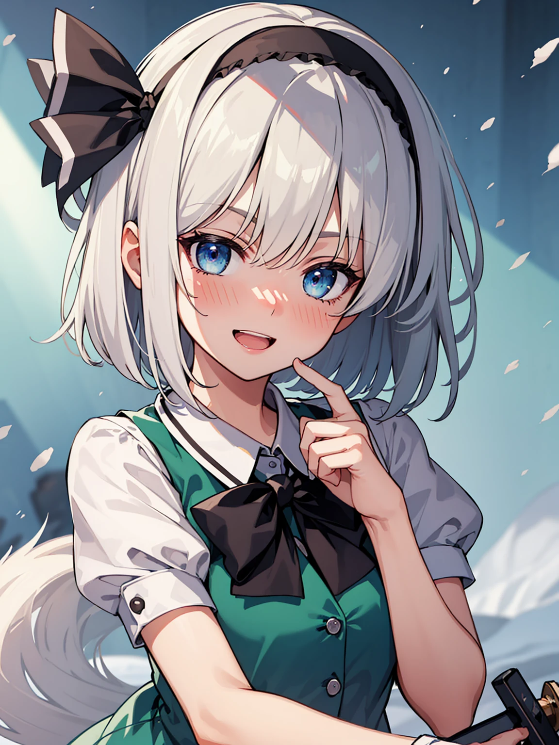 konpaku_youmu_touhou, short_hair, ribbon, hairband, black_hairband, hair_ribbon, black_ribbon, bangs, white_hair, vest, blue_eyes, green_vest, sword, katana, hitodama, bow, blush, black_bow, grey_hair
BREAK 
(nose blush), smile
BREAK
Masterpiece, best quality, high resolution, 8K, official art, super resolution, extremely detailed and beautiful, extremely detailed, amazing and detailed, highly detailed beautiful girl, highly detailed face, highly detailed eyes, highly detailed skin, highly detailed fingers, highly detailed nose, very detailed mouth, perfect anatomy
BREAK
snow scene, forest in the snow, extremely detailed CG unity 16k, very fine 16KCG wallpapers