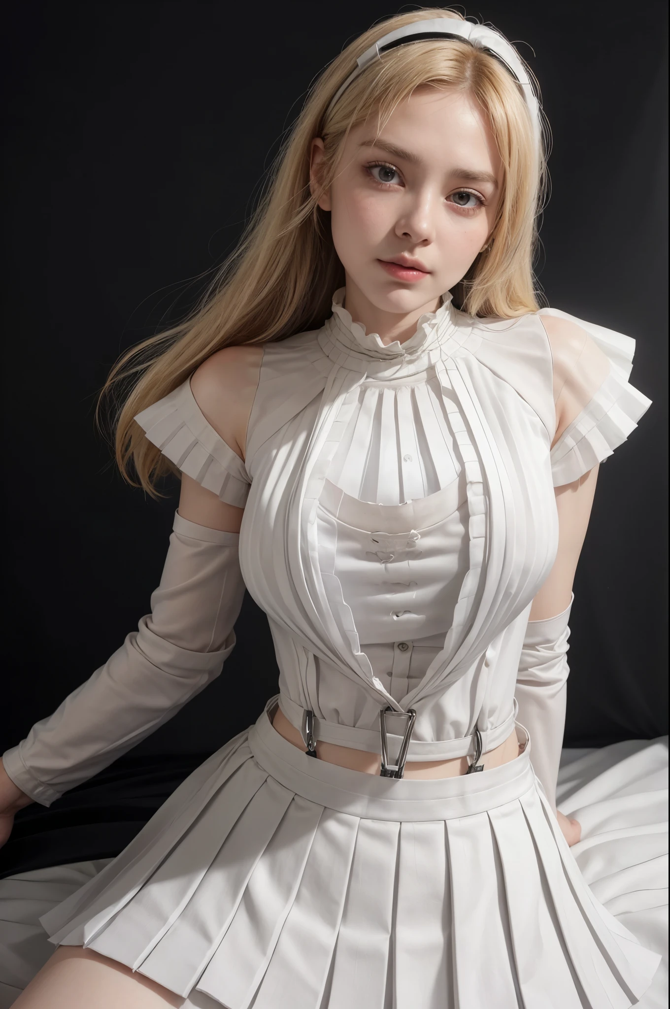 best quality, Meisterwerk, Ultra high resolution, (fotorealistisch:1.4), RAW-Foto, 1girl, blondes Haar, blaue Augen, detaillierte Augen und Gesicht, Schwarzer Anzug, dynamische Beleuchtung, Im Dunkeln, tiefer Schatten, reserved, cowboy shot full-lenght body