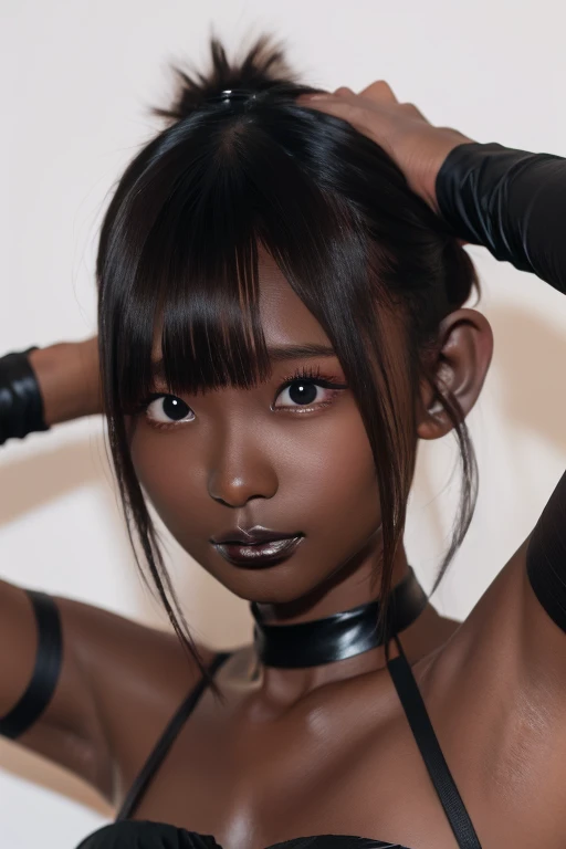 best quality, masterpiece, highres, (detailed:1.4), 1 girl, black hair, (((( dark skin:1.55 )))), extremally thin eyebrows , thick bluish eyeshadow, thick black eyeliner, Highlighted eyes with eyeliner, false eyelashes, (( arms up ))