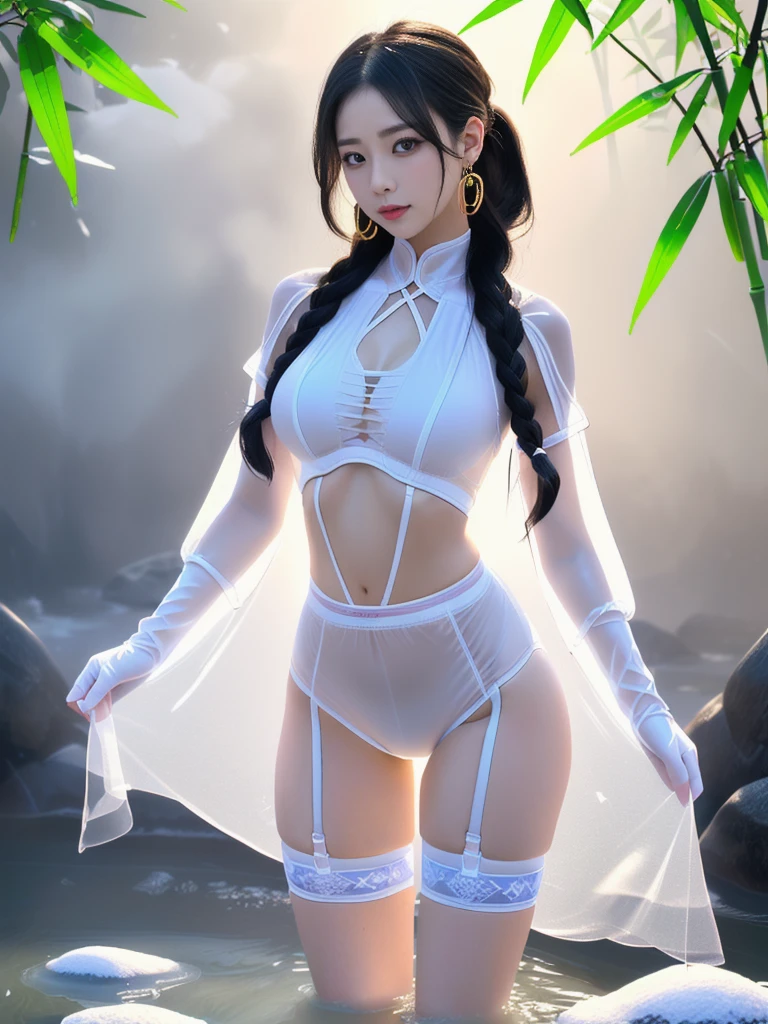 (full body:2),(1girl:1.3),(view the viewer:1.4),(anatomy correct:1.5),(Sitting by the creek,:1.35),(Polished Satin finish pantyhose:1.4),(A mature and sensual woman Wear printed fantasy Bunny SET and polished Uniform women's leather shoes :1.35),(A woman with large buttocks, breasts, and a slender waist:1.4), (Light particle effect:1.3),(In pink | amarelo | blue colors| green color |red color | white colors| black in color| purplish color| greys| Beige| Flesh color 1.4),(Glowing eyes:1.3),(Large amplitude action: 1.3),(Accurate and perfect face:1.4),hyper HD, Ray traching, reflective light,structurally correct, Award-Awarded, high detail, lighten shade contrast, Face lighting ,cinmatic lighting, masterpiece, super detailing, high quality, high detail, best quality, 16k,High contrast,