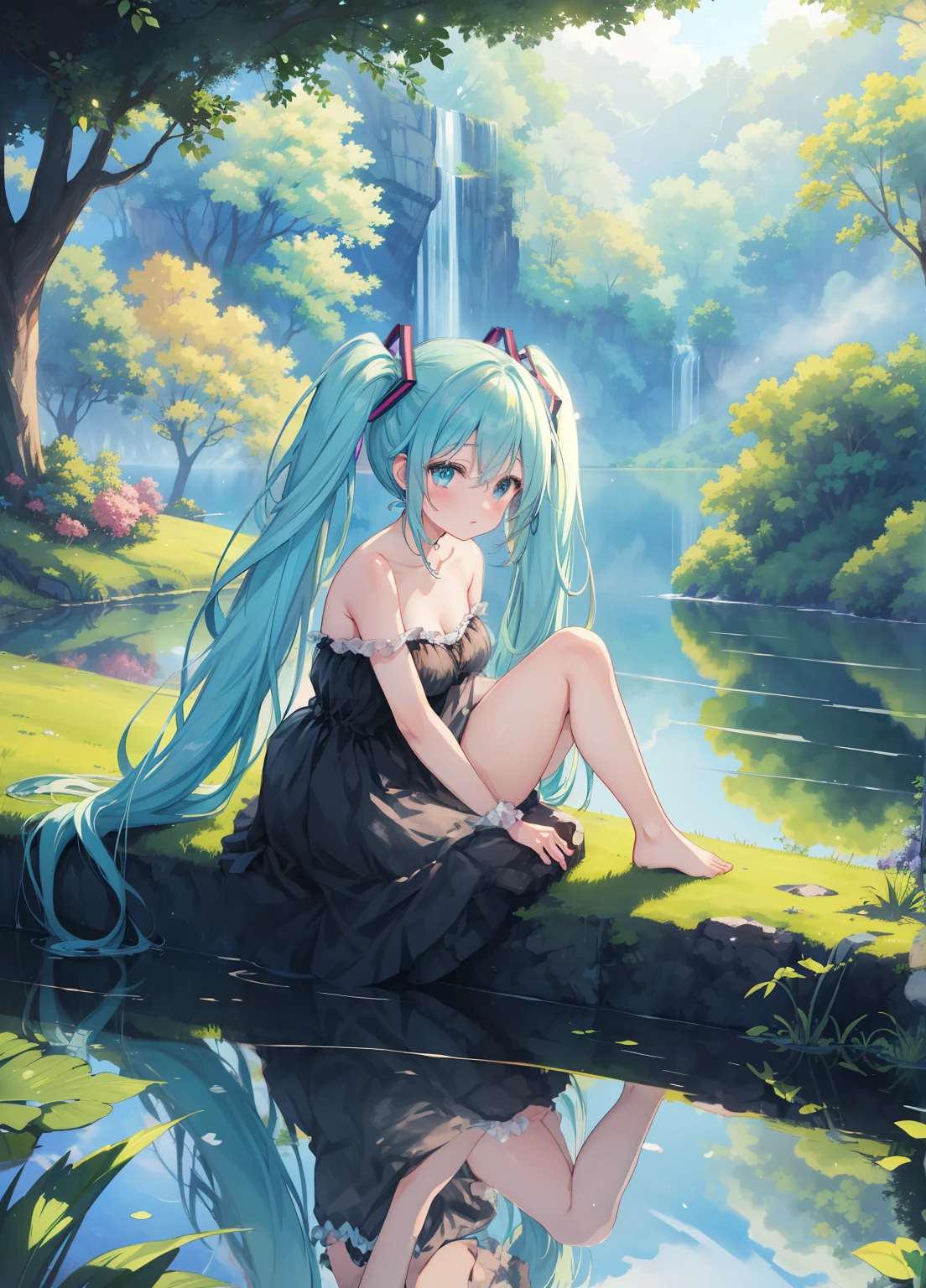 (masterpiece, top quality, best quality, beautiful and aesthetic:1.3), (1girl:1.3), (fractal art:1.3), original, extreme detailed, colorful, enchanted forest, nature, trees, (dryad:1.4), antlers, pointy ears, flowers, active pose, full body, flower hair, bright color hair, glowing hair, divine, goddess, barefoot, doll face, upturned eyes, long eyelashes, animals, birds, sitting, (nude:0.5), looking away, ((glowing water)), middle of a lake, flower bed, (night),  <lora:add_detail:0.7>  <lora:butterfly:0.4>