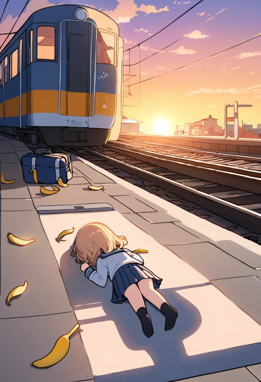 Chibi, one girl, face down, spread out, whole body, school uniform, lying down, sleeping, back of head, relaxing,do you look dead? ,rear view,BREAK, station platform, missed the train girl, school bag,her feet Banana peel,(A passing train), sunset,