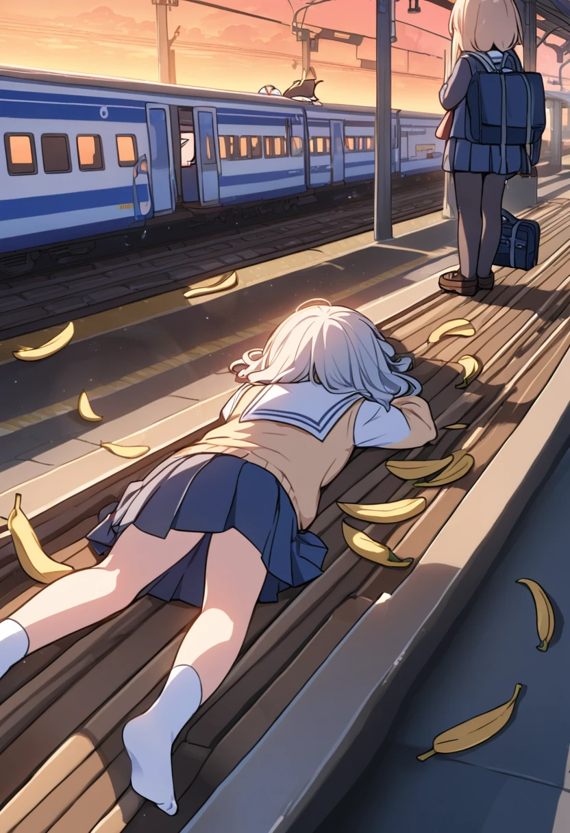 Chibi, one girl, face down, spread out, whole body, school uniform, lying down, sleeping, back of head, relaxing,do you look dead? ,rear view,BREAK, station platform, missed the train girl, school bag,her feet Banana peel,(A passing train), sunset,