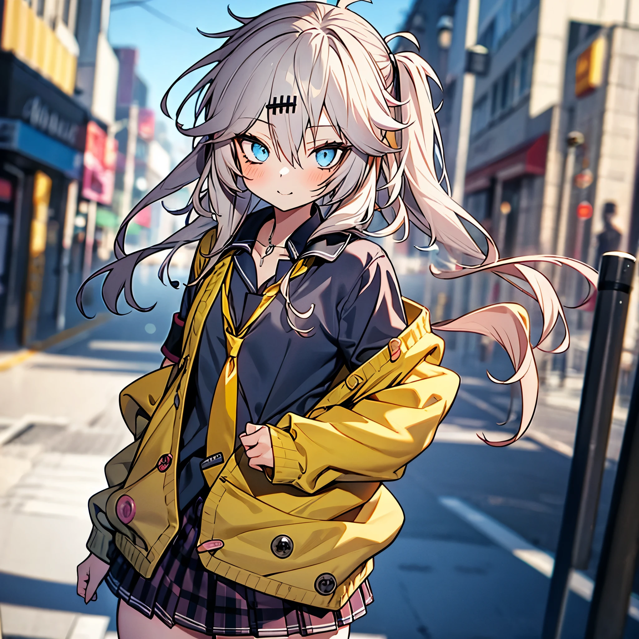 masterpiece, Best Quality, Perfect Face, Highest Resolution, Best Quality,Detailed depiction of the eyes, 8k, kasukabe tsumugi, One Girl, Black shirt, Yellow tie, Yellow cardigan, plaid skirt, Walking in the downtown area, Perfect Anatomy