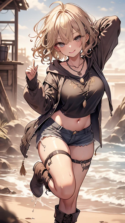 masterpiece, 1 girl, sparrow, a blonde haired girl, wearing a medieval villager clothes, curly short hair, messy hair, slim body, he close her left eye, shirt ornament, ruby eyes, ahoge, baby face, beautiful eyes, droopy eyes, her age is 19, nagisa_bluearchive, seductive face, short hair, seductive smile, curly hair, MongolPunkAI, medium breasts, view very close, she tease you, grabbing her own breasts by her own hands, she very close to you, smug smile, rainbow_one, shirt, furry shorts, crocth tattoo, necklace, erotic smile, barn, long sleeves, boots, navel, NSFW, tight hoody, out, tongue out