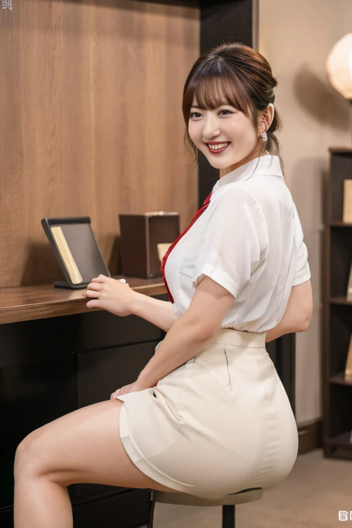 (scissors:1.5,hand up:1.5),(Wearing a light-colored shirt:1.5),A hair salon with chairs lined up,(The skin is wet from sweat:1.2),beautician,looking at the camera,Cleavage,smile,skirtリフト、skirtを手で上げる,woman, 20-year-old, Short Hair、bangs、(skirt),(White lace panties)、Cute earrings,Natural lighting