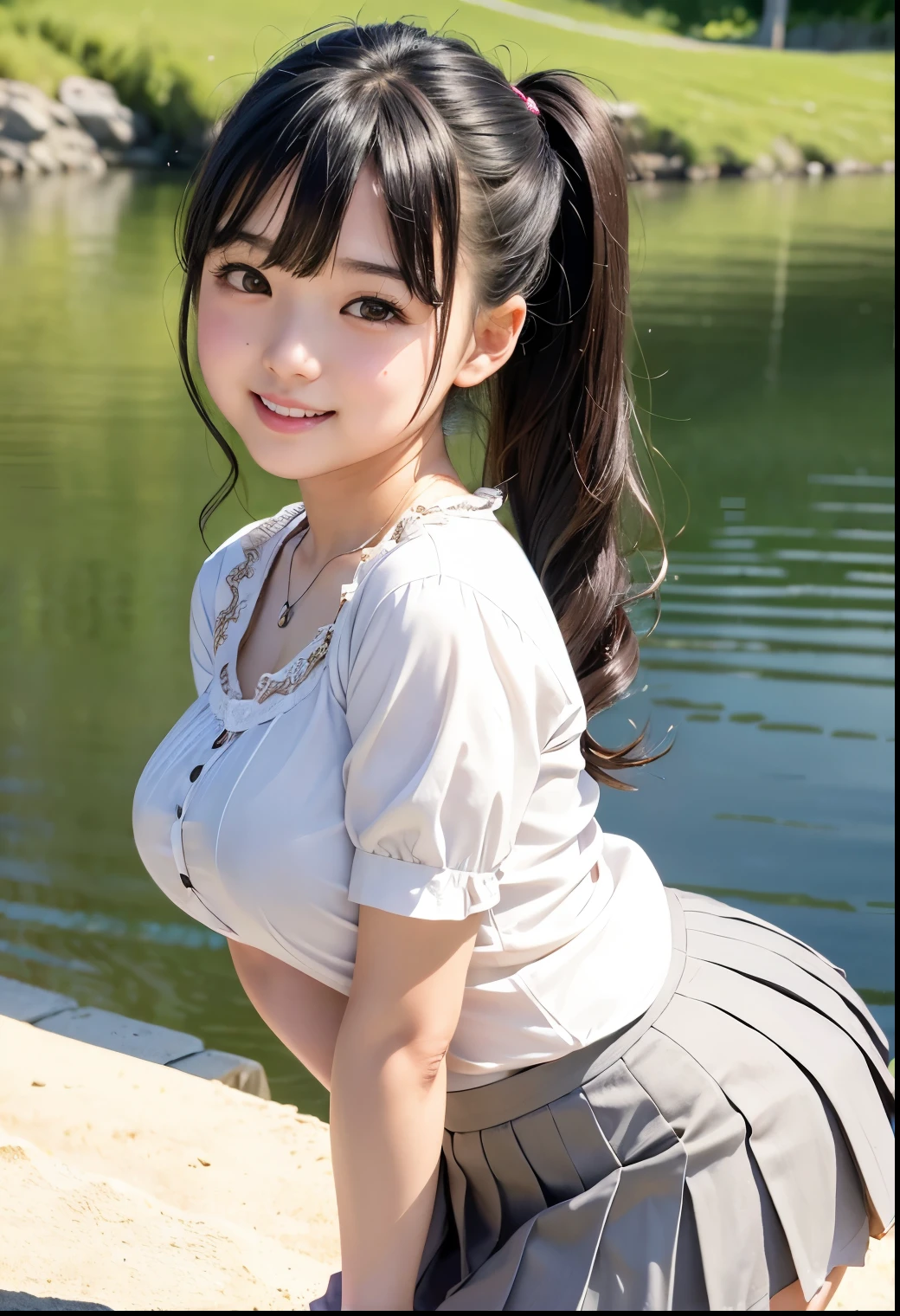 (Highest quality,masterpiece:1.3,Ultra-high resolution),(Very detailed、Caustics) (Realistic:1.4, RAW shooting、)Ultra-Realistic Capture、Very detailed、Natural skin texture、masterpiece、(A Japanese elementary school girl wearing a blouse and pleated skirt:1.3)、Adorable expression、Expressions of happiness、、height: 140cm、Baby Face、Pure girl、Amazingly cute、Twin tail hairstyle、Curly Hair、ribbon、Black Hair、Large Breasts、Shining thighs、Shining ass、necklace、Shade by the lake、Background details、smile、An inviting gaze、(Anatomically correct)、Cowboy Shot、Attention to detail、Breast lift