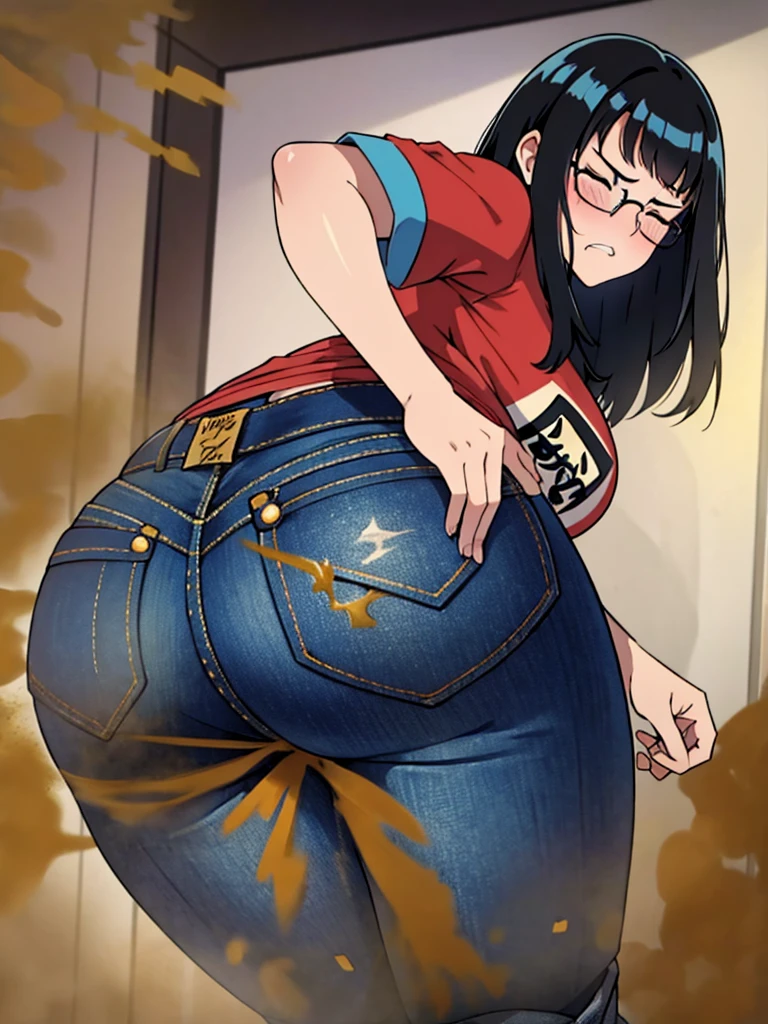 solo,1girl,black hair ,blues eyes ,tareme, hair bang, long hair,gleaming skin,glasses, oversized tshirt, blue jeans, massive fart, farting, blush, lifting ass, clenching teeth, alone in a room